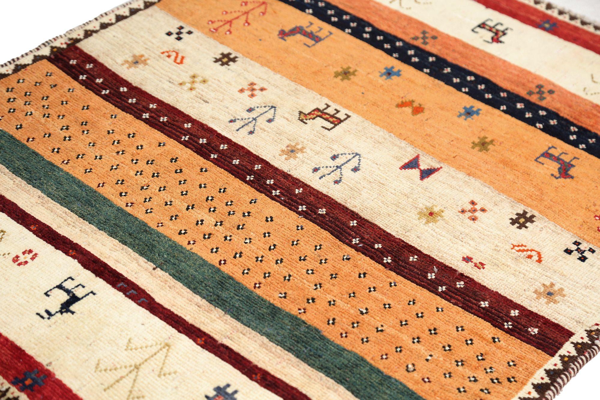 Persischer Gabbeh Kleiner Teppich - Wolle Elfenbein Orange Design - 97062 im Zustand „Hervorragend“ im Angebot in Dallas, TX