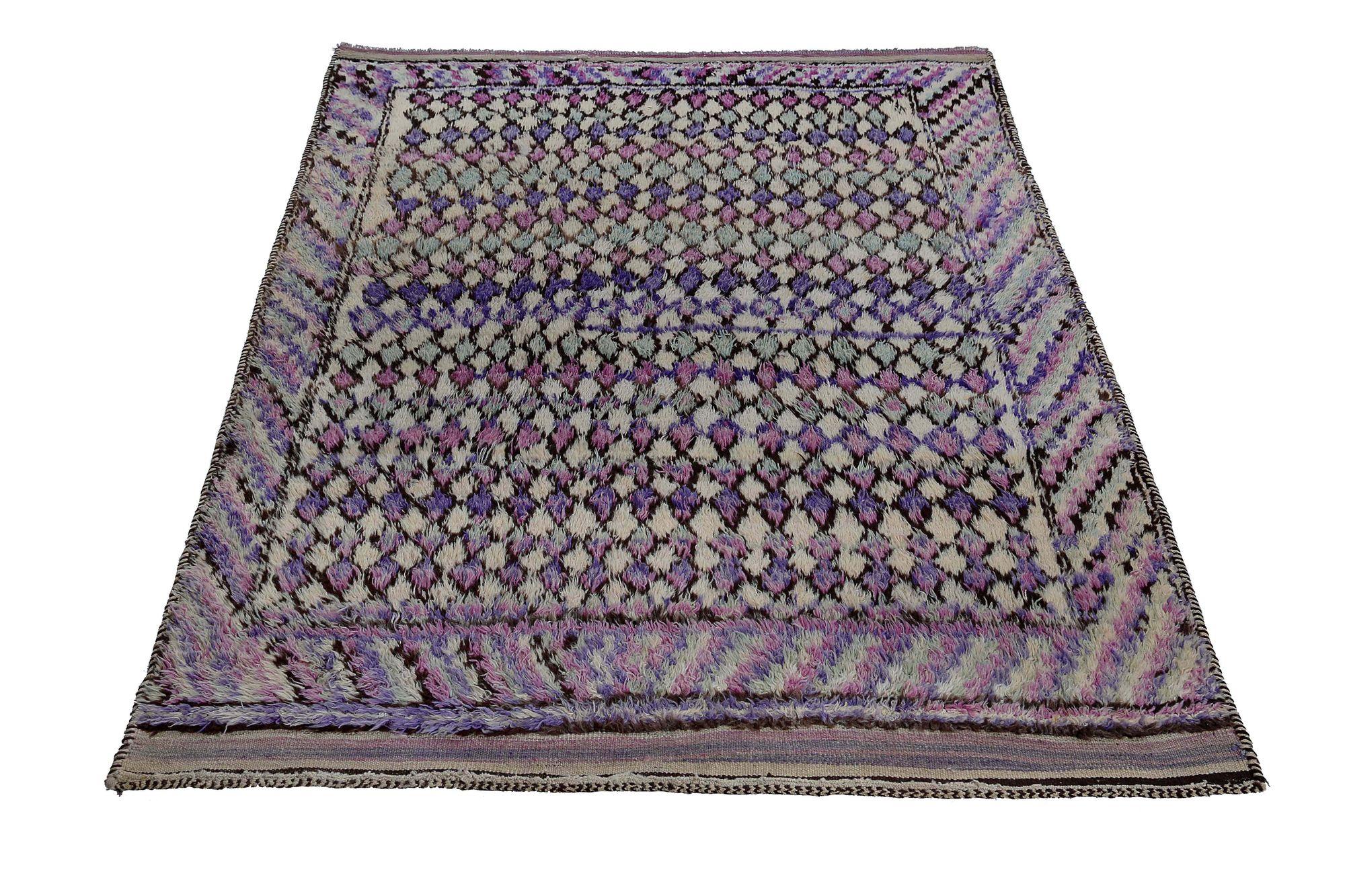 Persischer Gabbeh Kleiner Teppich - Wolle Elfenbein Rosa Purpel Design - 97575 im Zustand „Hervorragend“ im Angebot in Dallas, TX