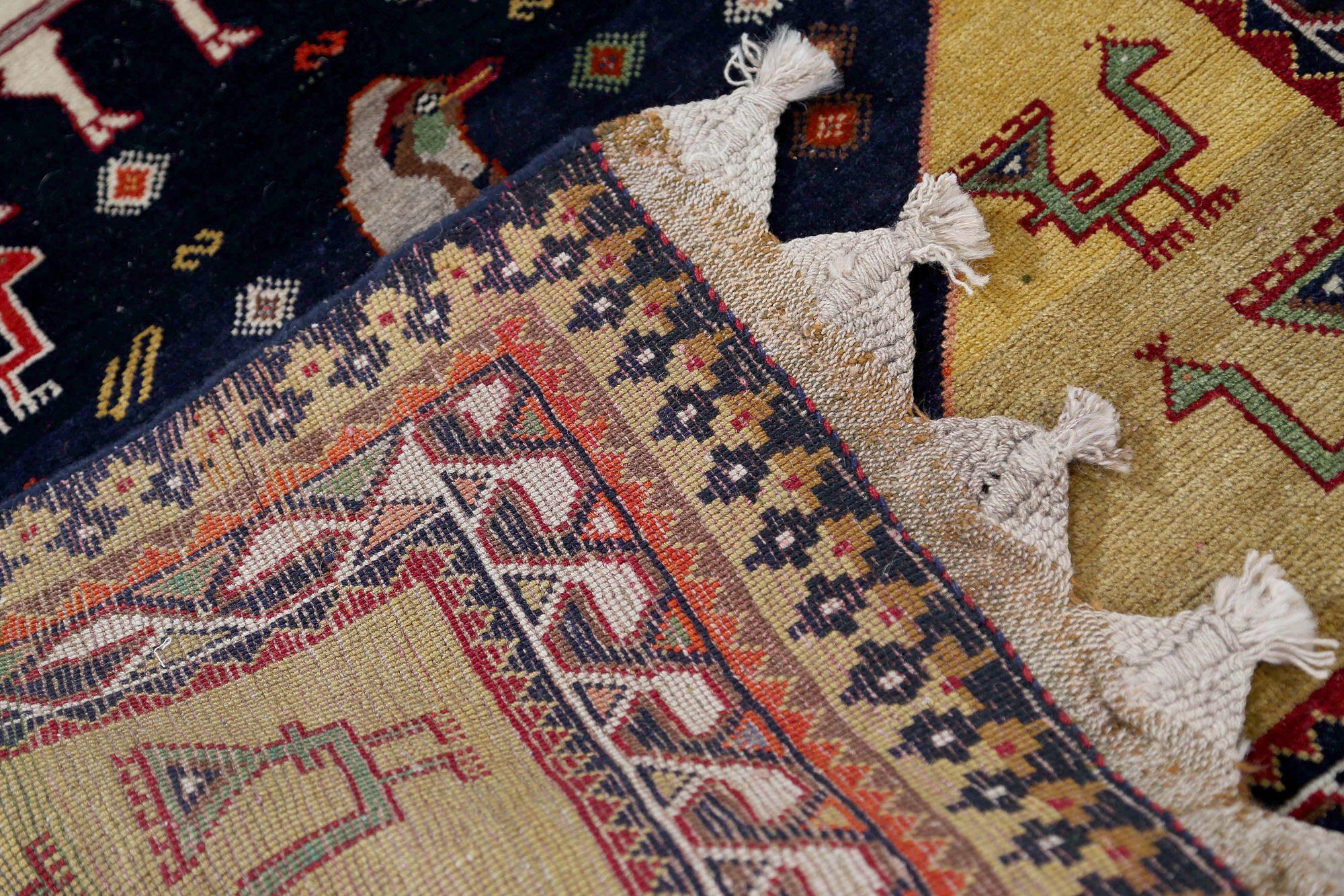 Persischer Gabbeh Kleiner Teppich - Wolle Marineblau Gelb Design - 97121 (Stammeskunst) im Angebot
