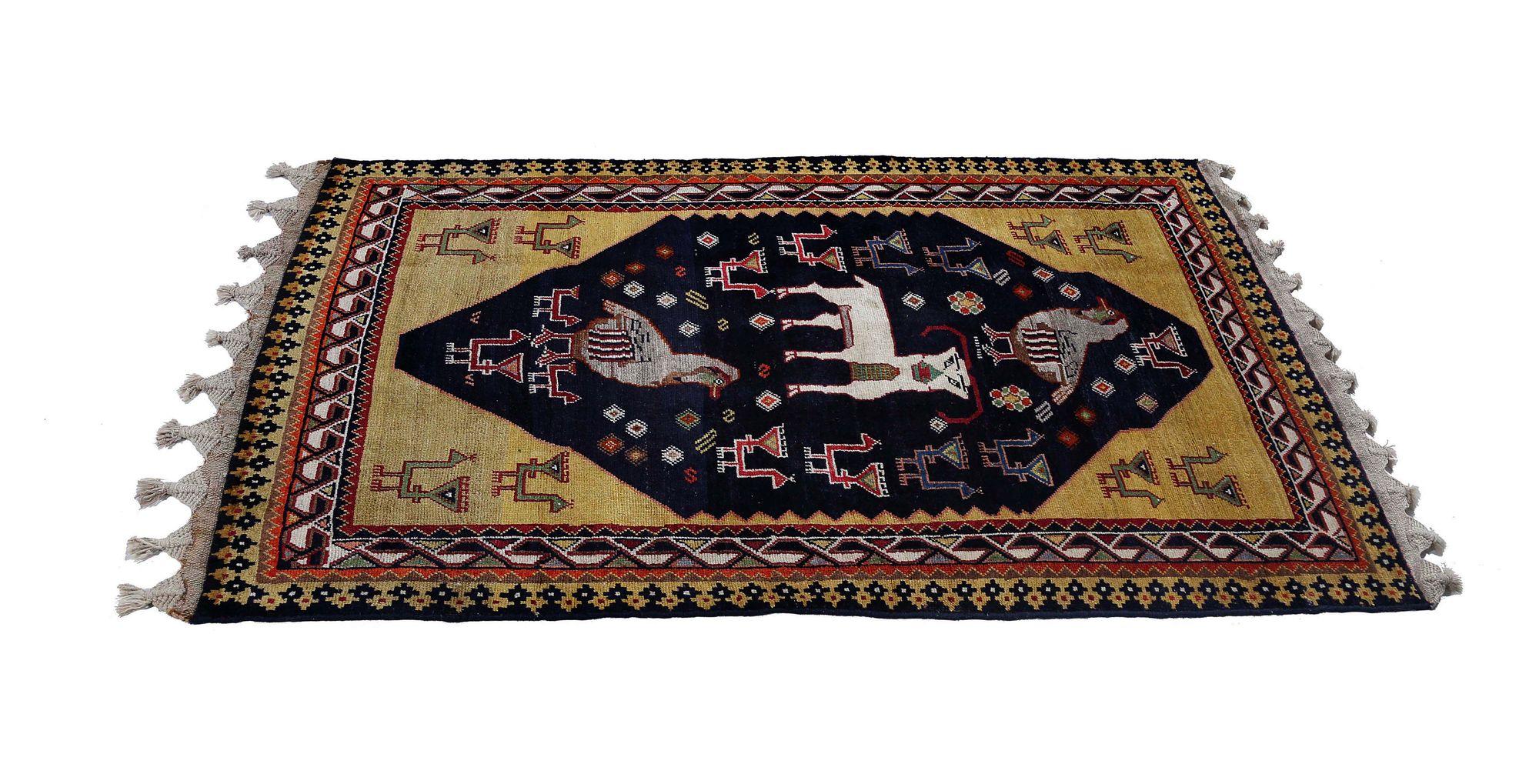 Persischer Gabbeh Kleiner Teppich - Wolle Marineblau Gelb Design - 97121 (Irakisch) im Angebot
