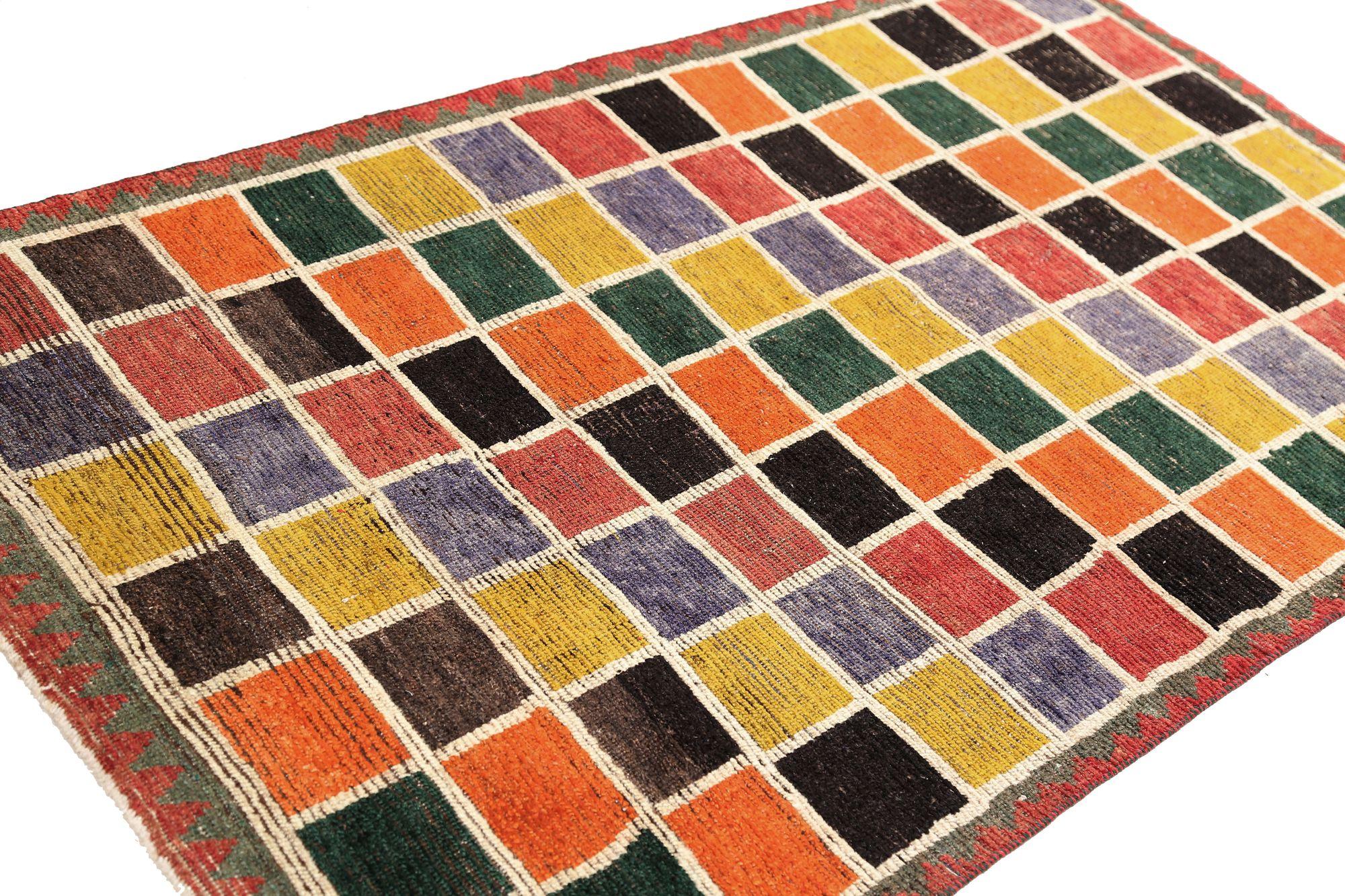 Persian Gabbeh Small Rug - Wool Orange Purpel Red Yellow - 96938 In Excellent Condition For Sale In Dallas, TX