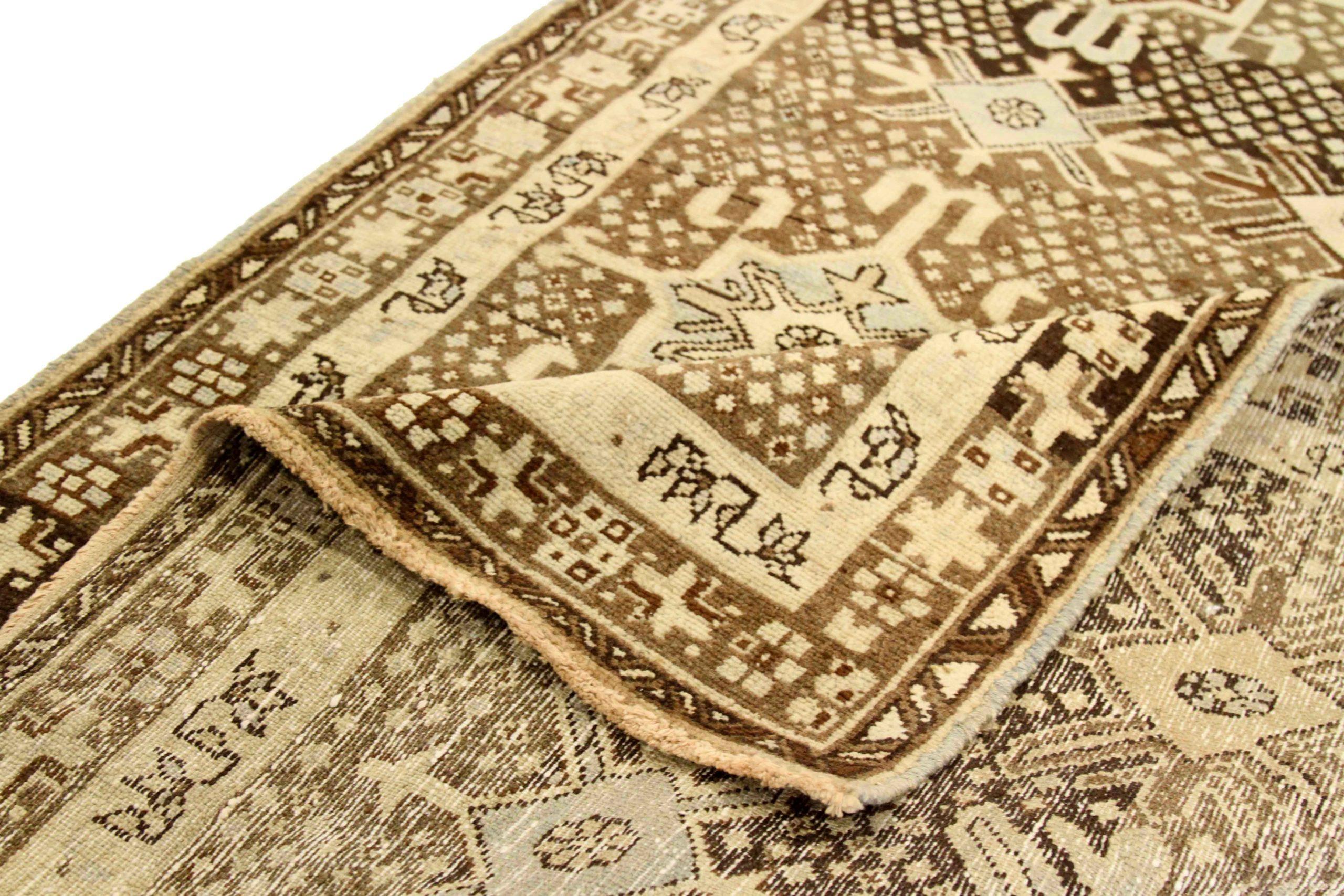 Persischer Gharajeh Läufer Teppich - Wolle Blau Braun Elfenbein Design - 75801 (Irakisch) im Angebot