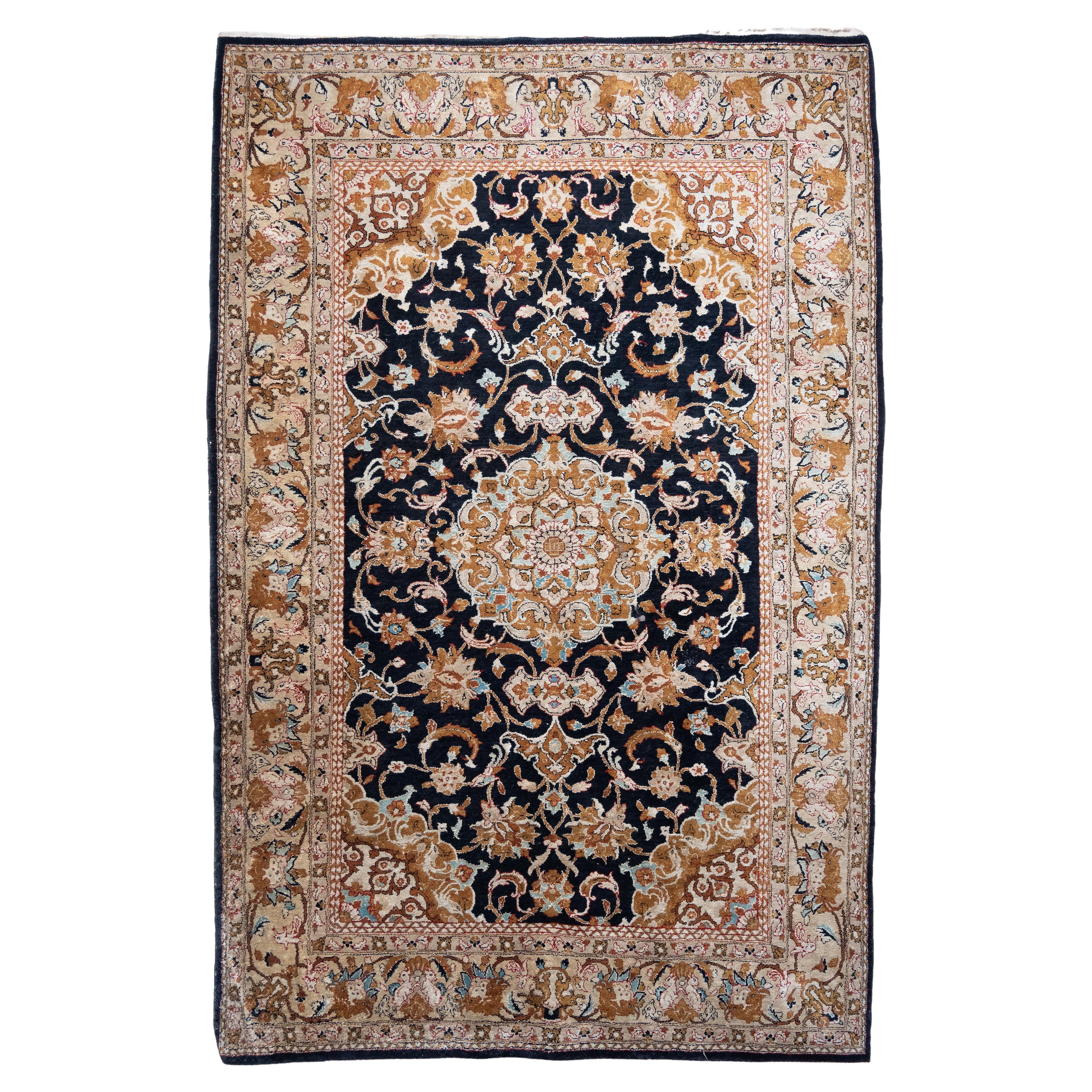 Persian Ghom Silk Rug 165 x 106cm Black, Gold C.1960 For Sale