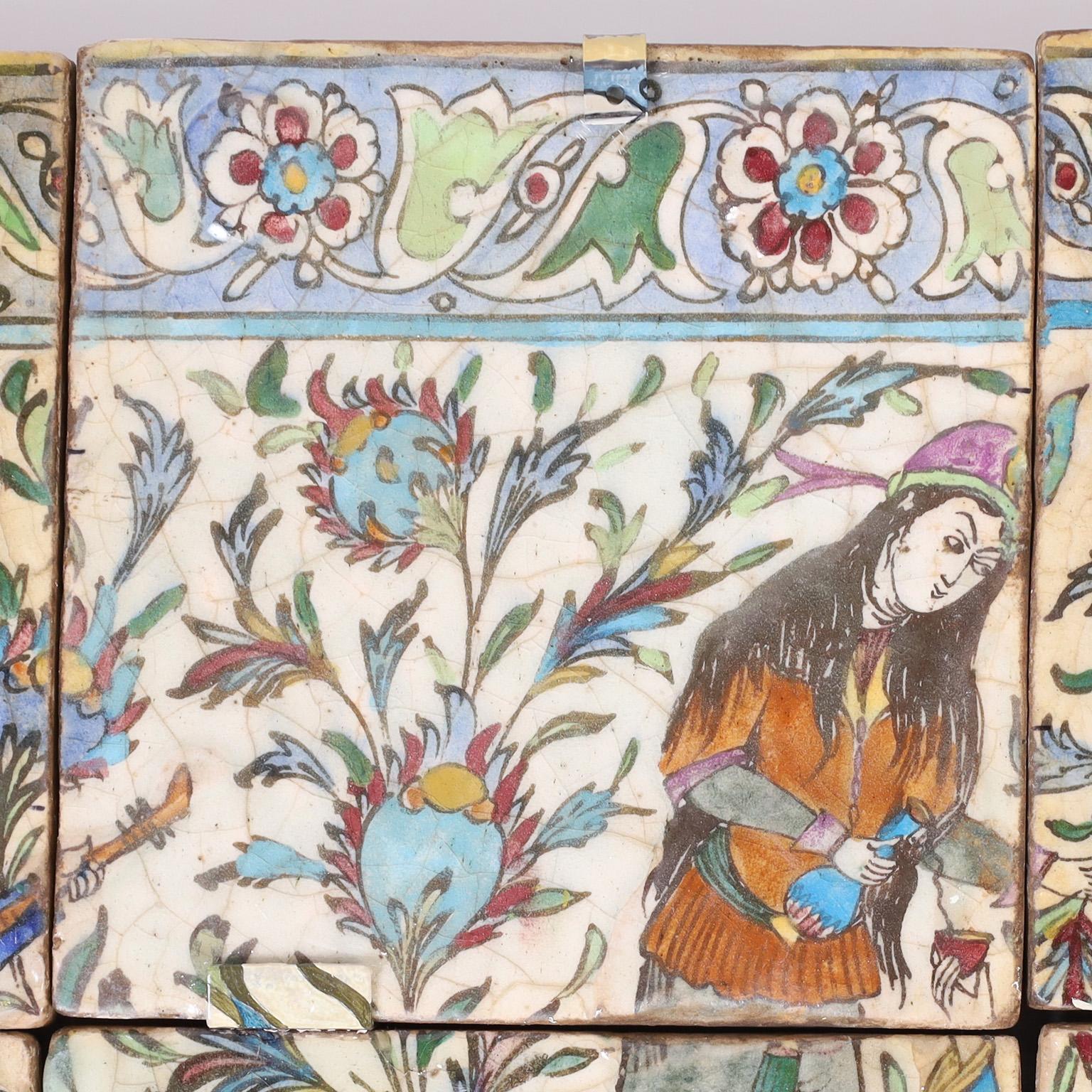 Hand-Painted Persian Glazed Earthenware Tile Panel