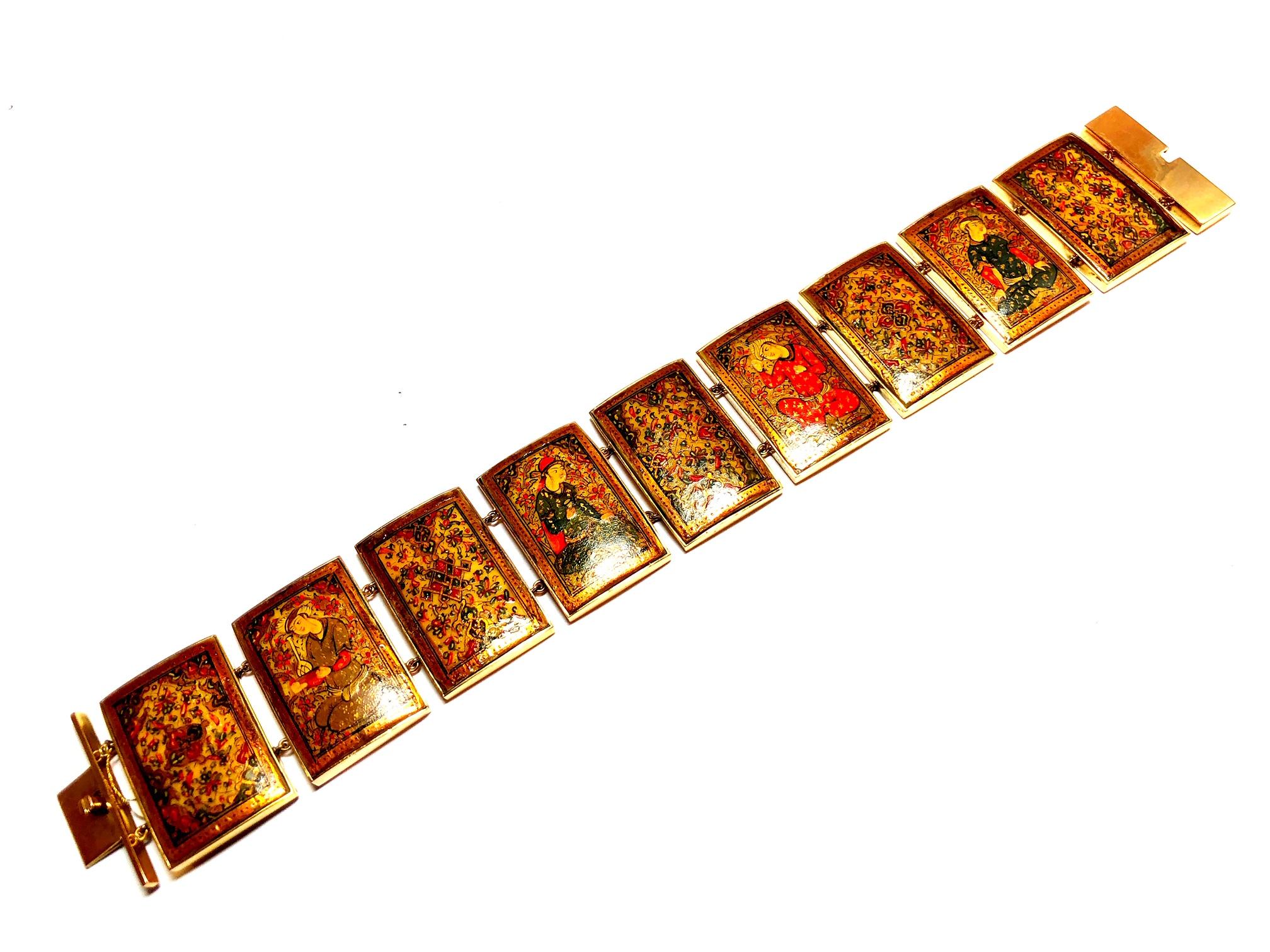 Victorian Persian Gold Enamel Painted Panel Bracelet