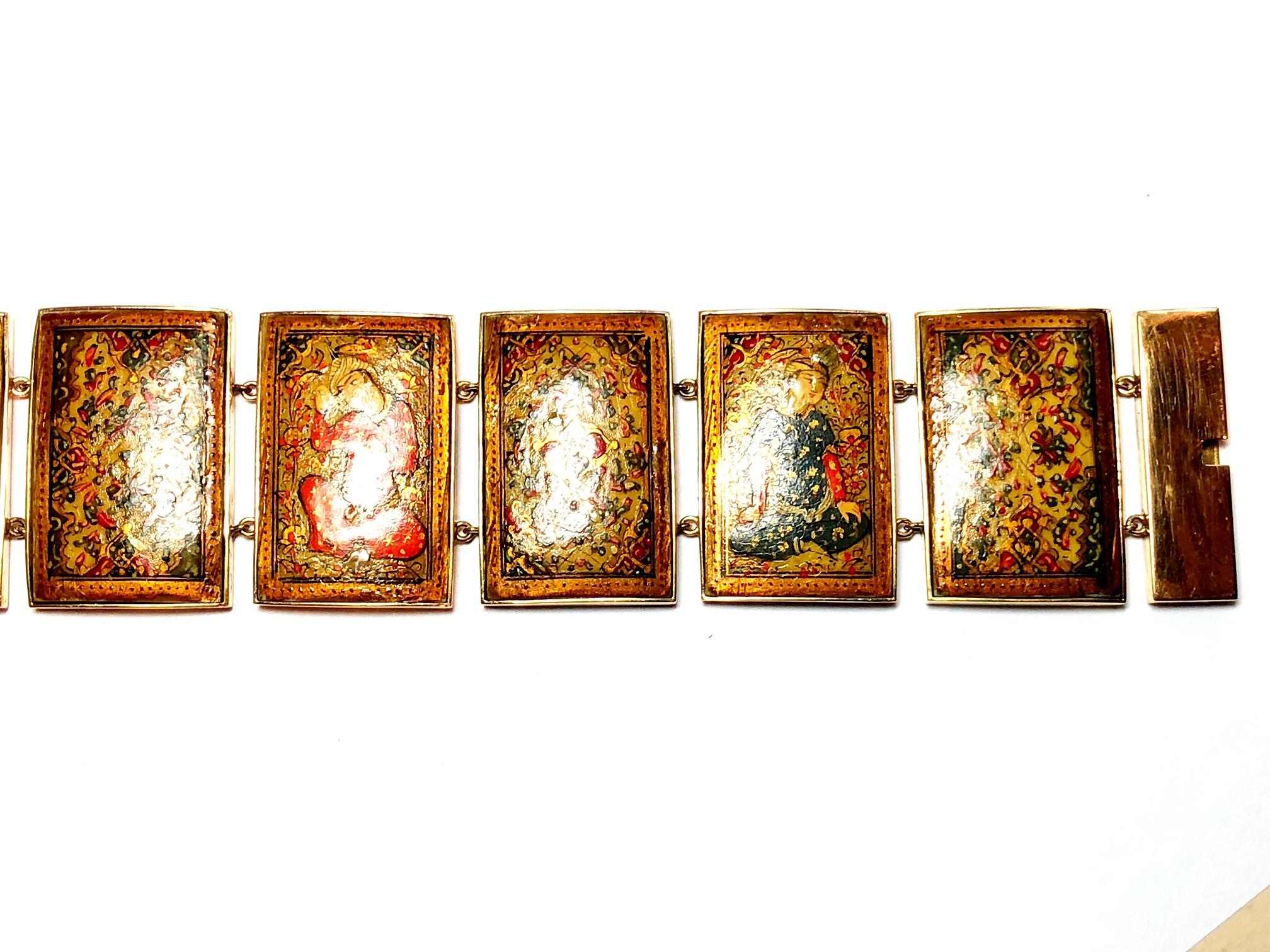 Persian Gold Enamel Painted Panel Bracelet In Good Condition In London, GB