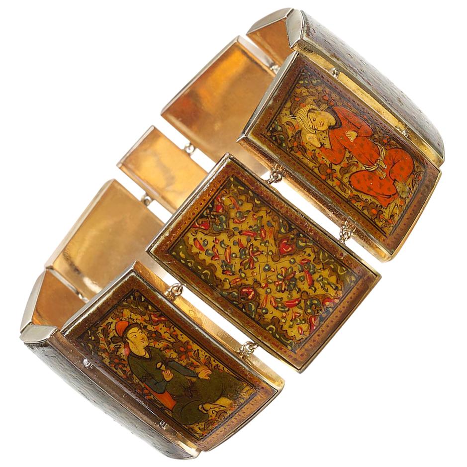 Persian Gold Enamel Painted Panel Bracelet