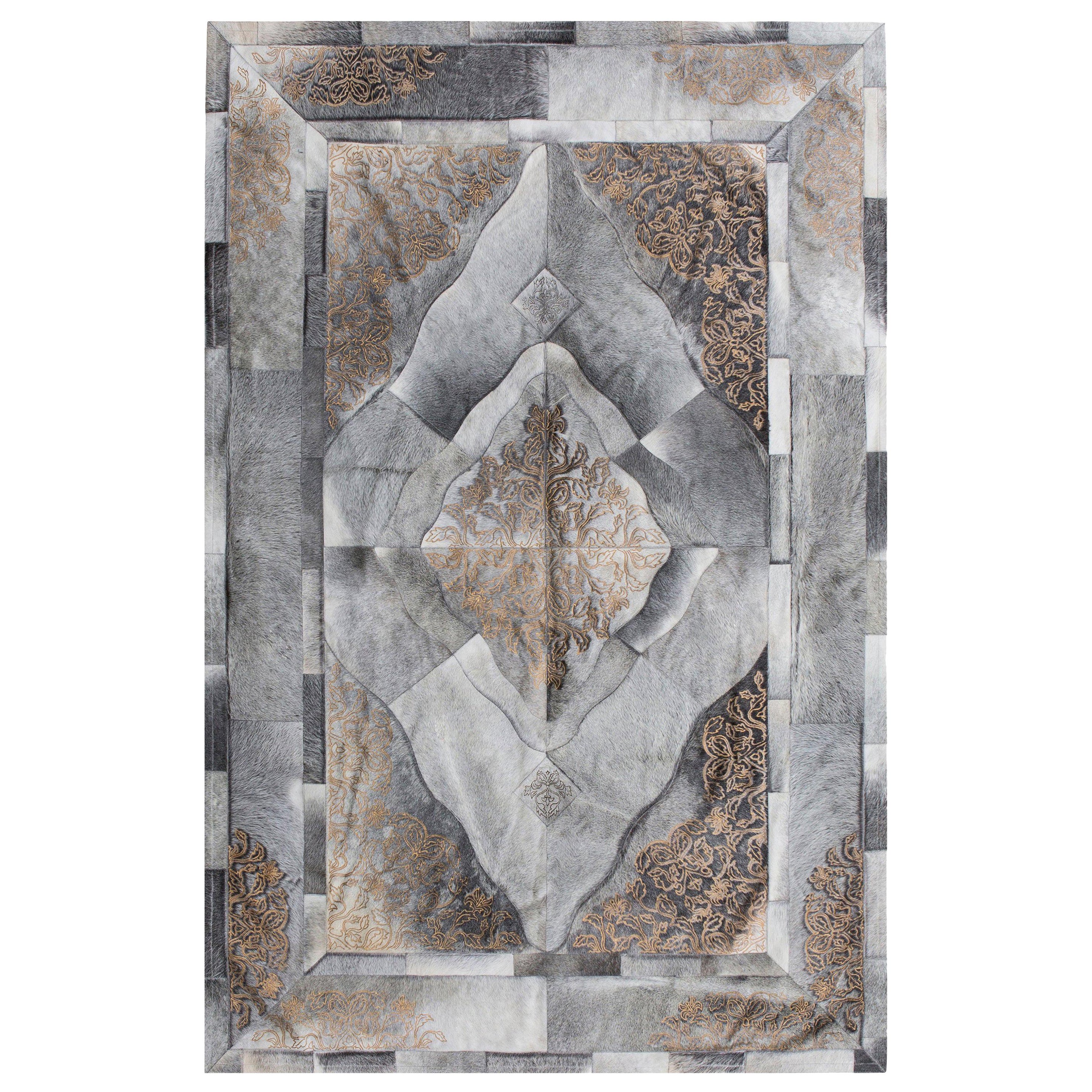 Persisches Gold, Grau Laser Burn Sueño Individuell gestaltbarer Kuhfell-Teppich XX-Large