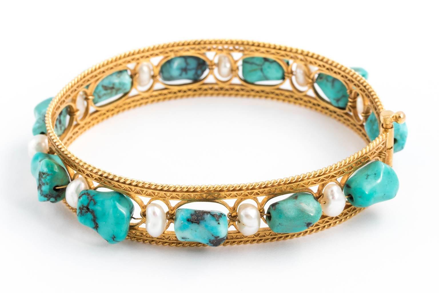 Persian Gold, Turquoise and Pearl Bracelet In Good Condition In St.amford, CT