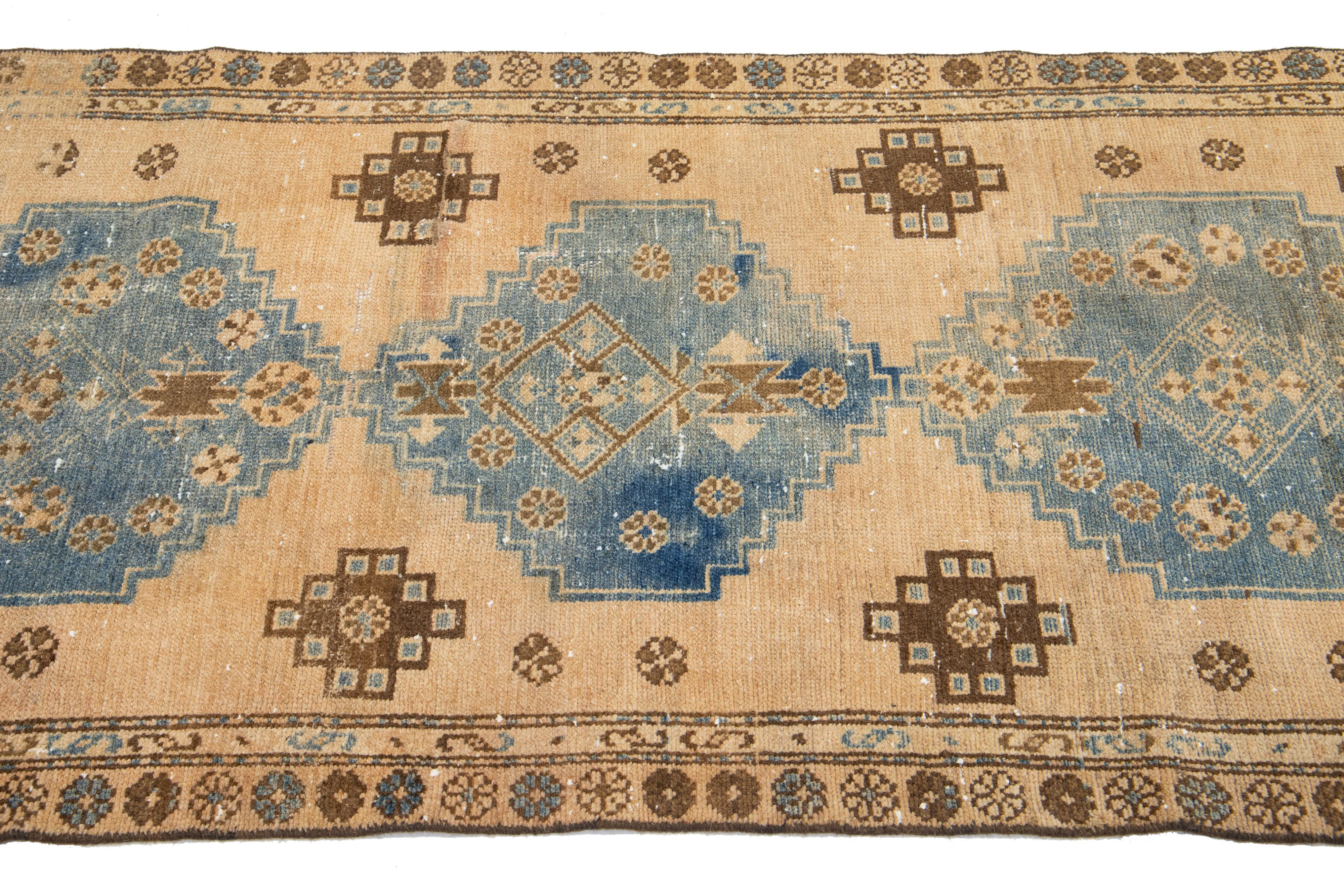 Hand-Knotted Persian Hamadan Antique Tribal Wool Runner In Tan Color For Sale