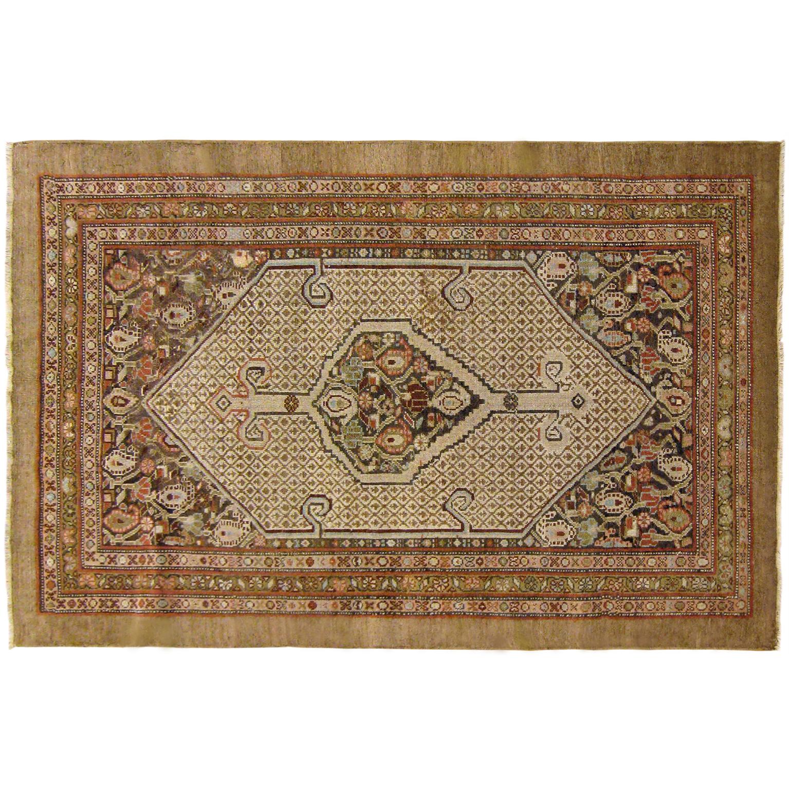 Antique Persian Hamadan Camel Hair Oriental Rug, in Small Size, with Earth Tones For Sale