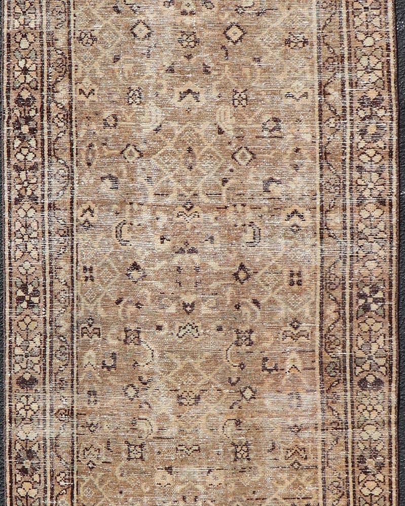 Malayer Persian Hamadan Runner in Warm Tones of Tan, Taupe, Brown, and L. Brown For Sale