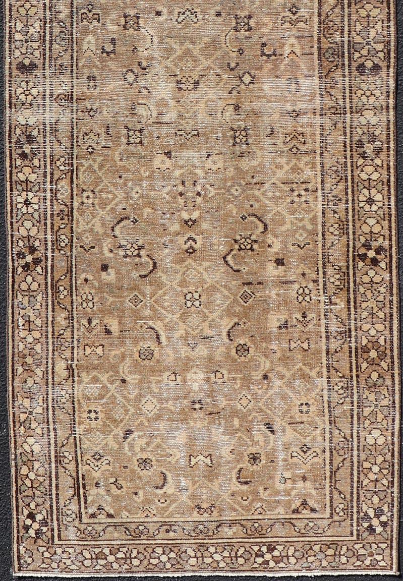 Hand-Knotted Persian Hamadan Runner in Warm Tones of Tan, Taupe, Brown, and L. Brown For Sale