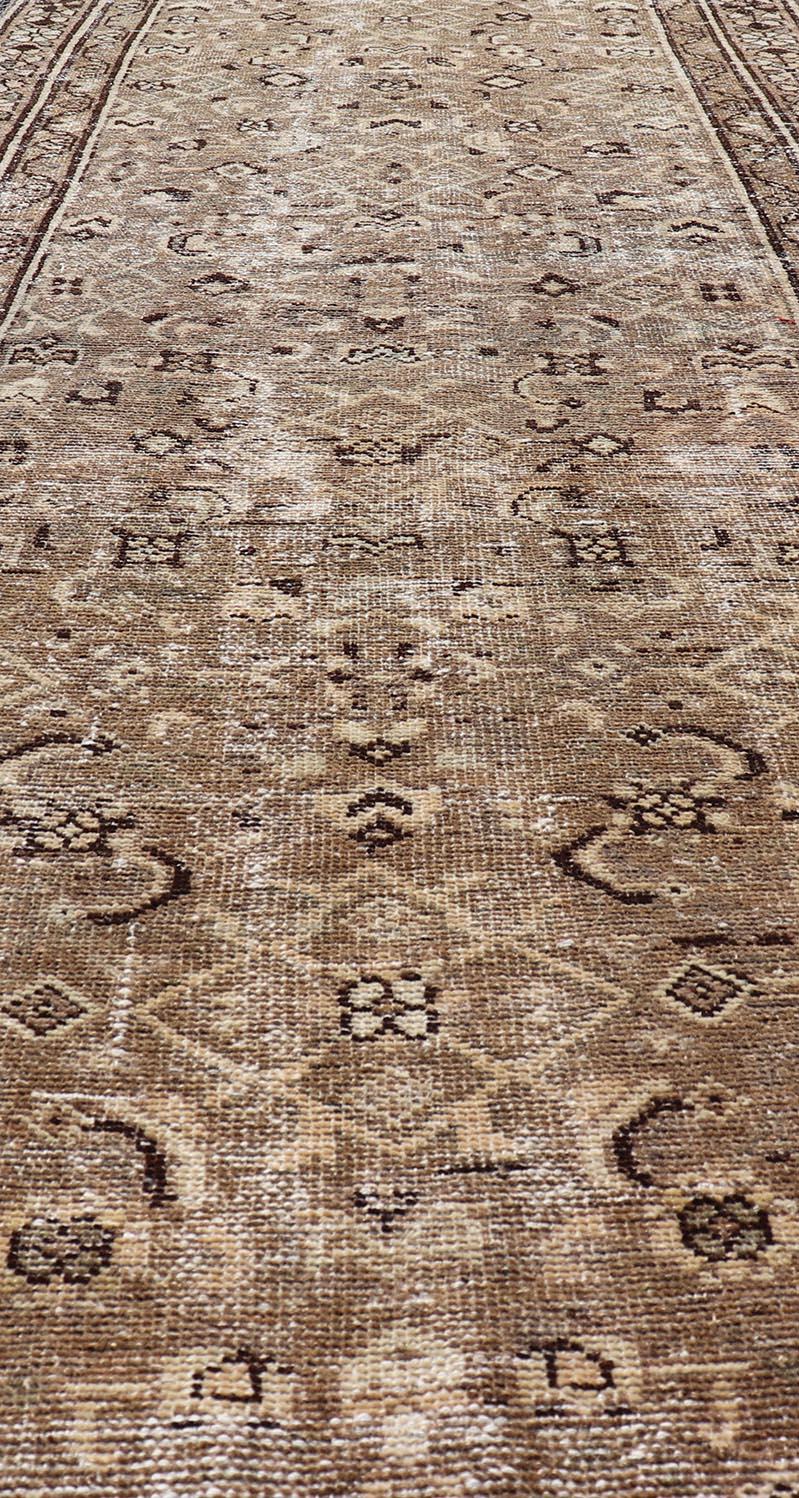 20th Century Persian Hamadan Runner in Warm Tones of Tan, Taupe, Brown, and L. Brown For Sale