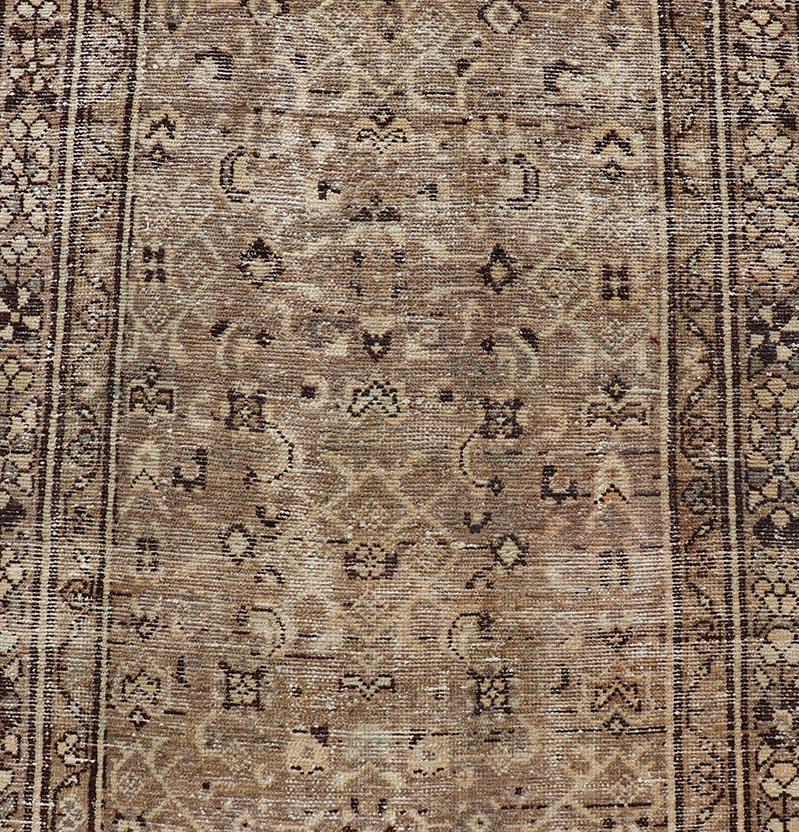 Wool Persian Hamadan Runner in Warm Tones of Tan, Taupe, Brown, and L. Brown For Sale