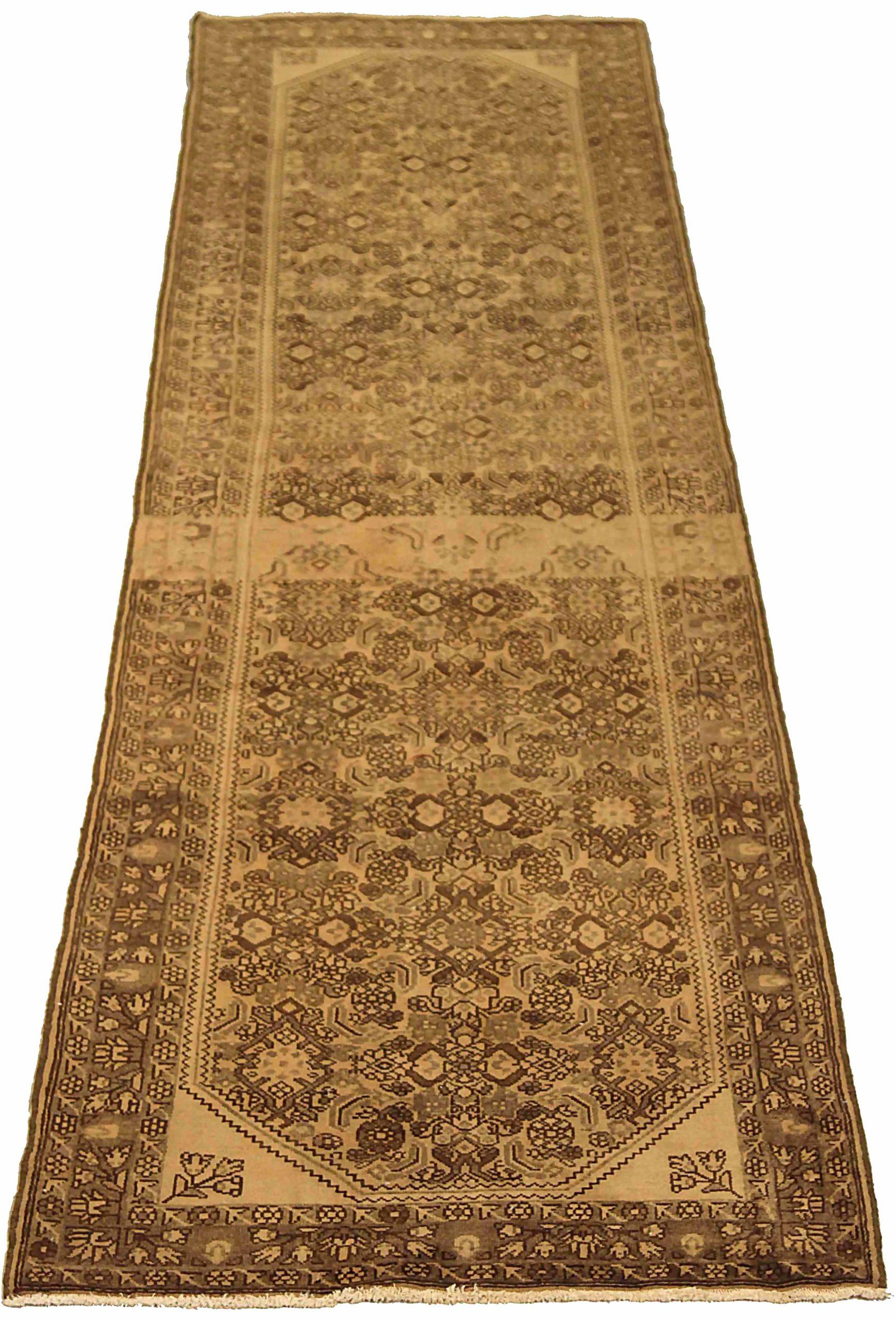 Entdecken Sie die Eleganz des persischen Hamadan-Teppichs mit Läufer aus der Zeit um 1880. Dieses exklusive Design aus Wolle und Braun-Elfenbein ist perfekt, um Ihren Raum zu verschönern.