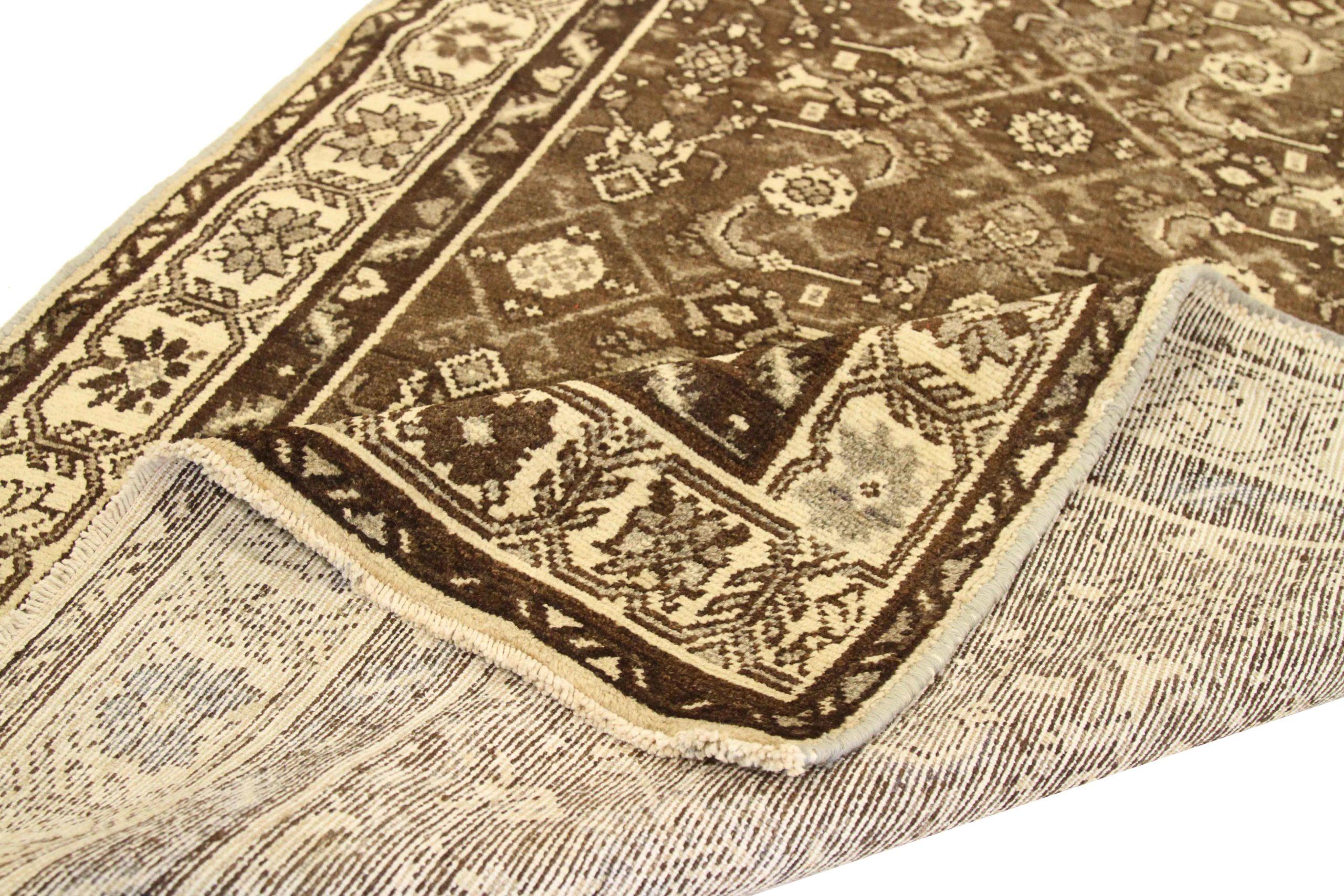 Asian Persian Hamadan Runner Rug - Wool Brown Ivory 74018 For Sale