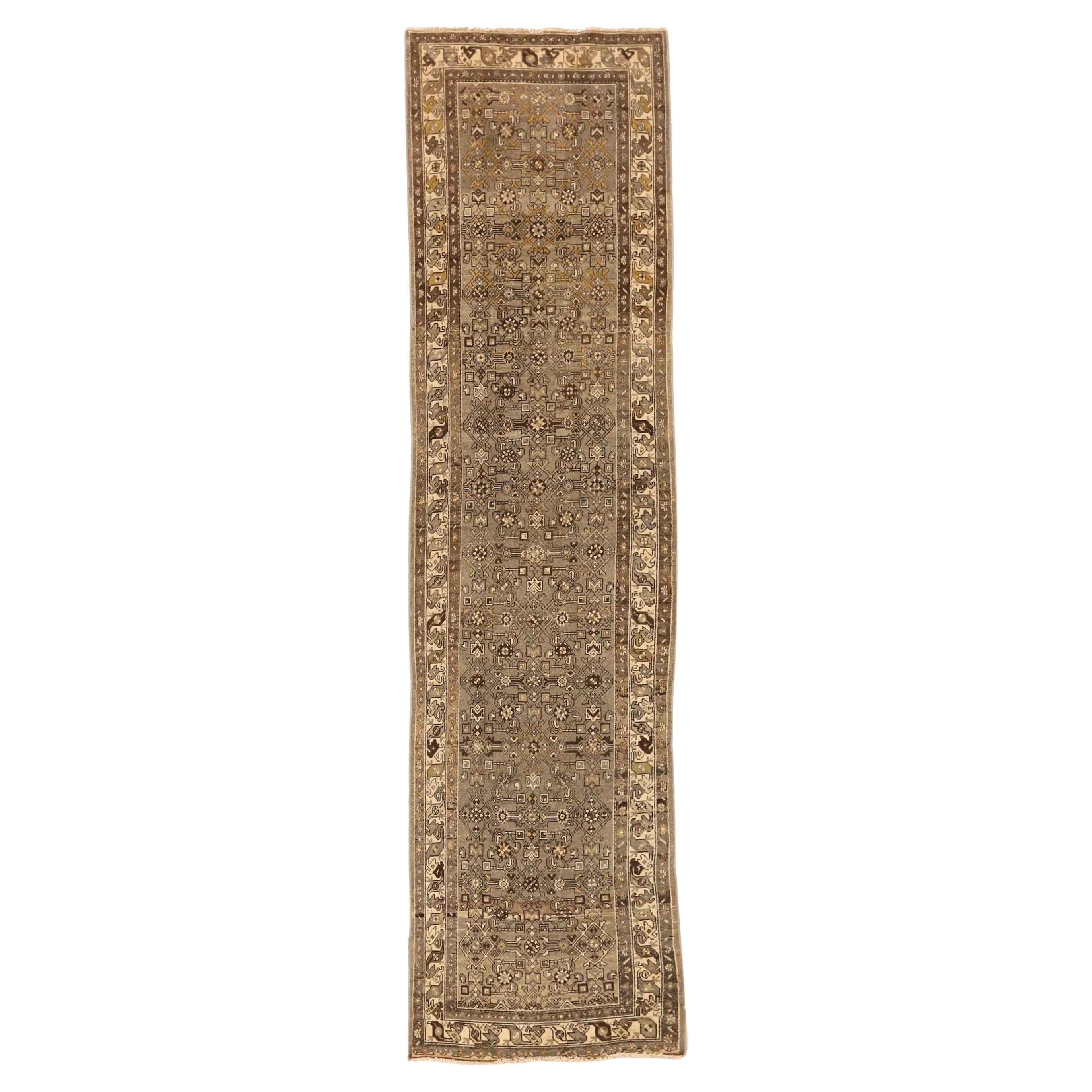 Persian Hamadan Runner Rug - Wool Brown Ivory Taupe 74081