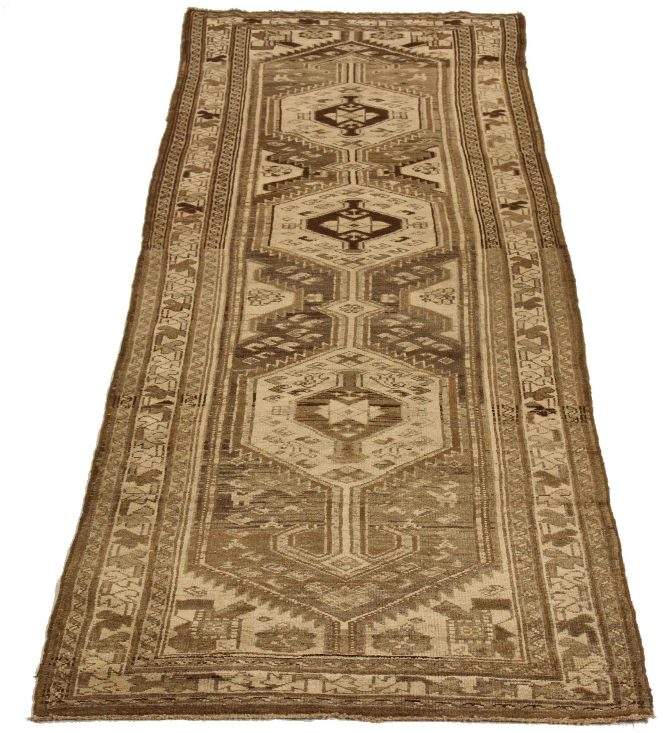 Entdecken Sie die Eleganz des persischen Hamadan-Teppichs mit Läufer aus der Zeit um 1880. Dieses exklusive Design aus Wolle und Braun-Elfenbein-Taupe ist perfekt, um Ihren Raum zu verschönern.