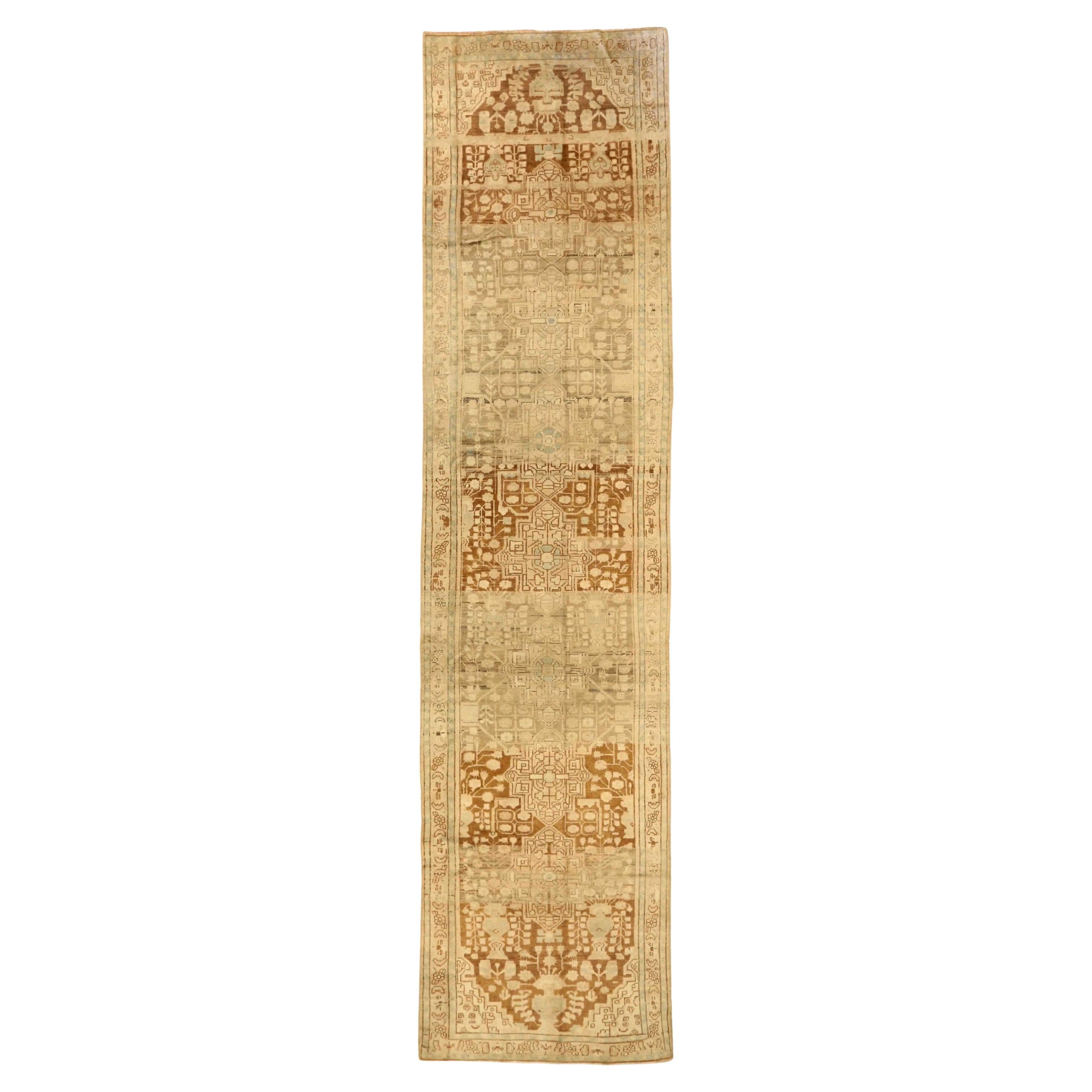 Persian Hamadan Runner Rug - Wool Brown Ivory Taupe Design - 75608 For Sale