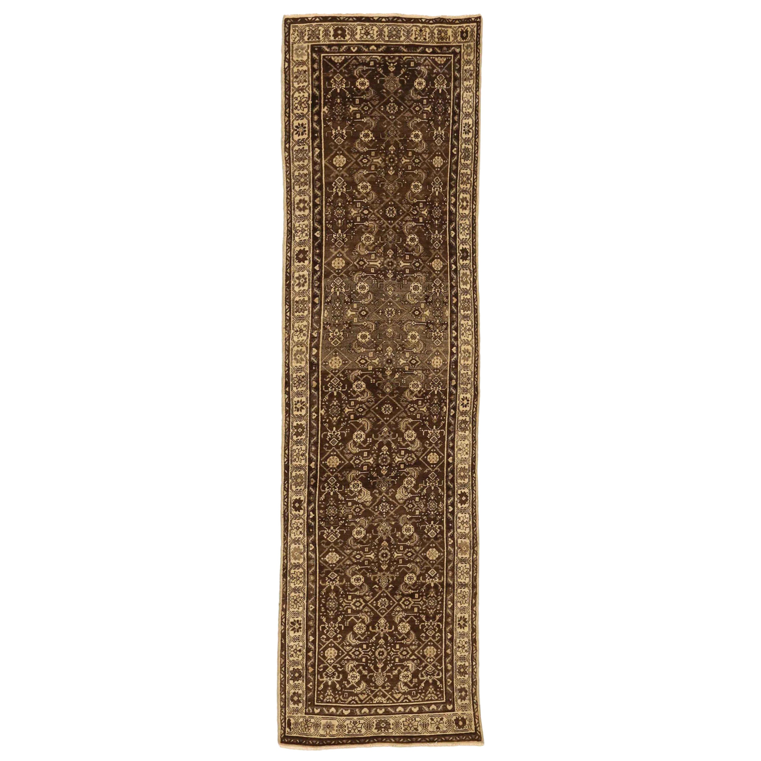Persian Hamadan Runner Rug - Wool Brown Ivory 74018