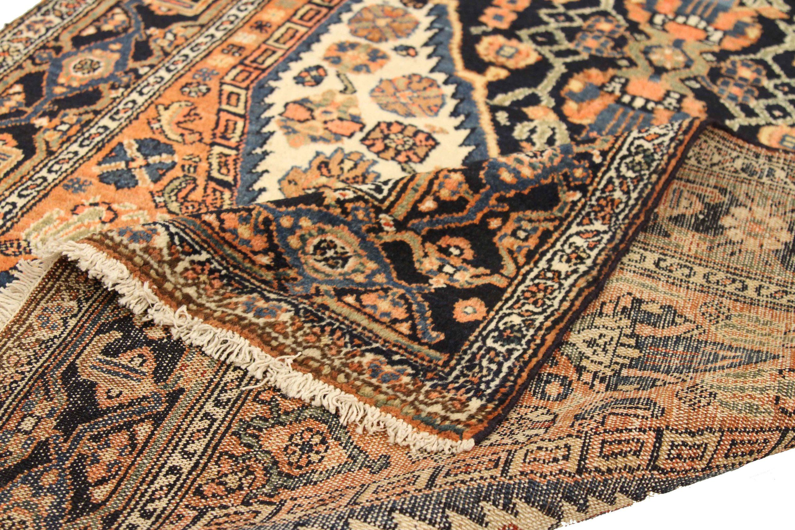 Persischer Hamadan Kleiner Teppich - Wolle Schwarz Elfenbein Orange Design - 75070 (Asiatisch) im Angebot