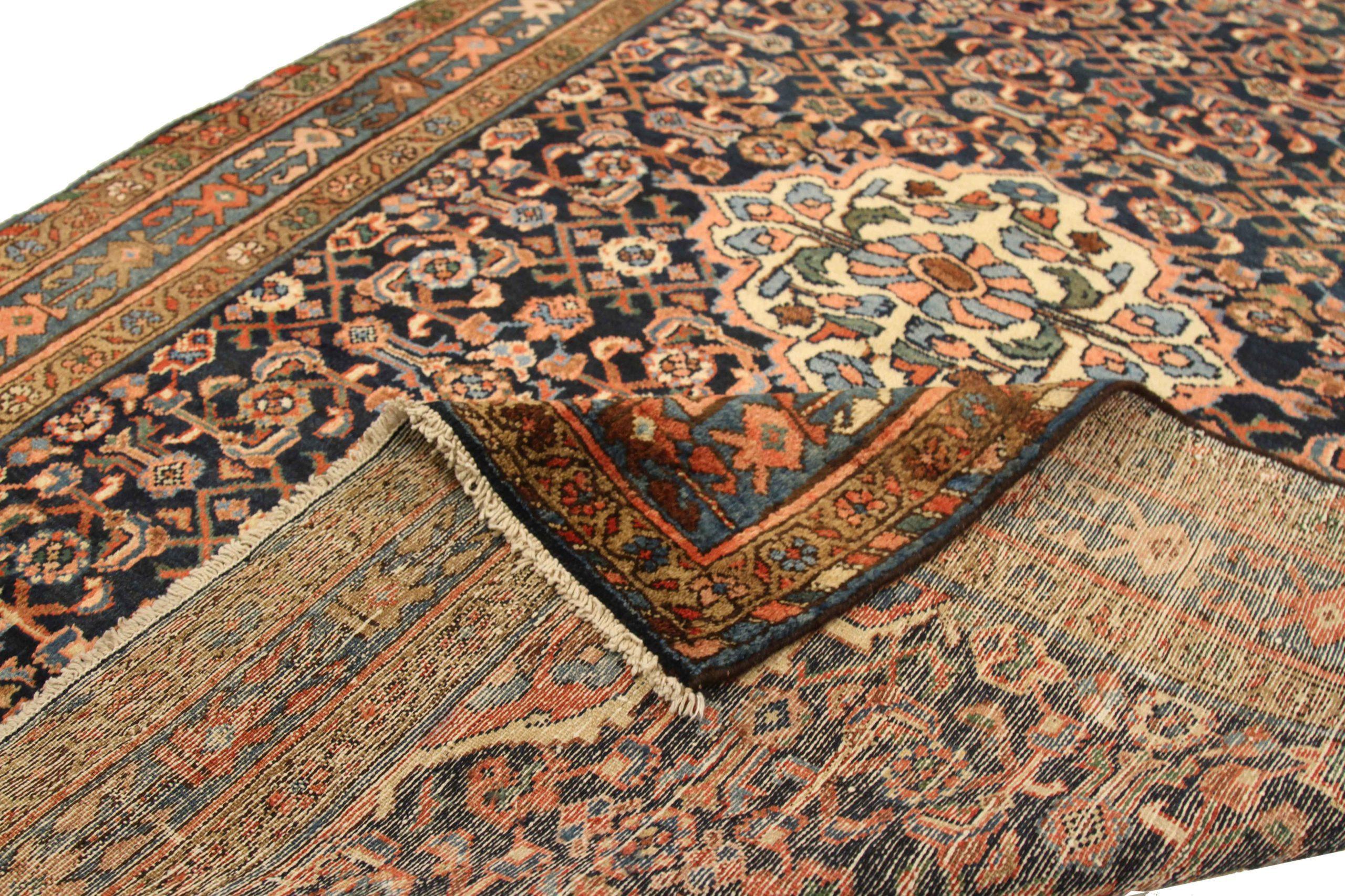 Persischer Hamadan Kleiner Teppich - Wolle Blau Elfenbein Marineblau Design - 75068 (Asiatisch) im Angebot