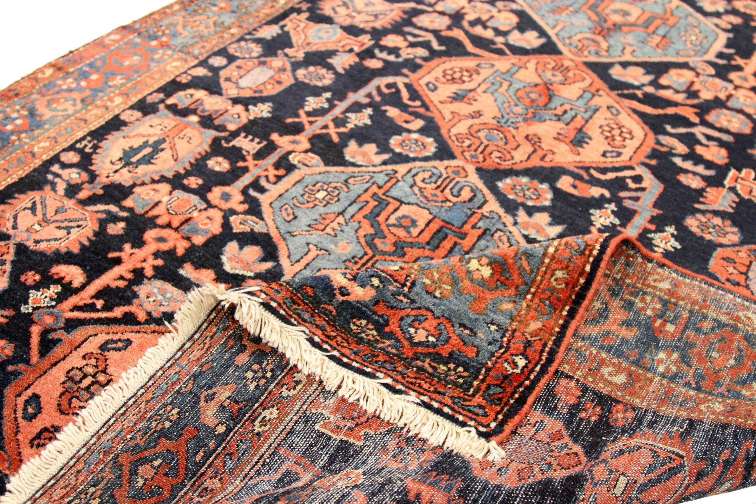 Persischer Hamadan Kleiner Teppich - Wolle Blau Marineblau Blau Rosa Design - 75084 (Asiatisch) im Angebot