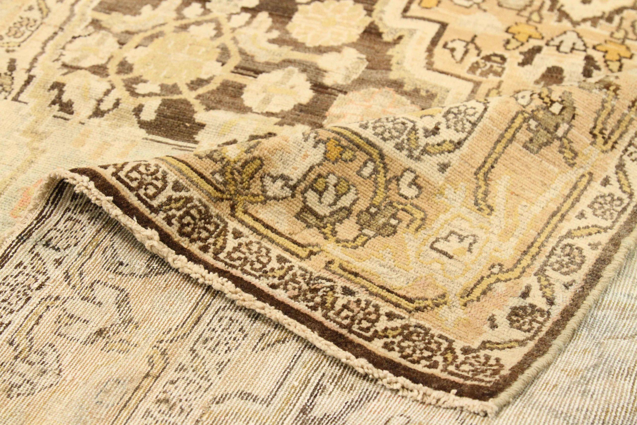 Asian Persian Hamadan Small Rug - Wool Brown Ivory Yellow Design - 75679 For Sale