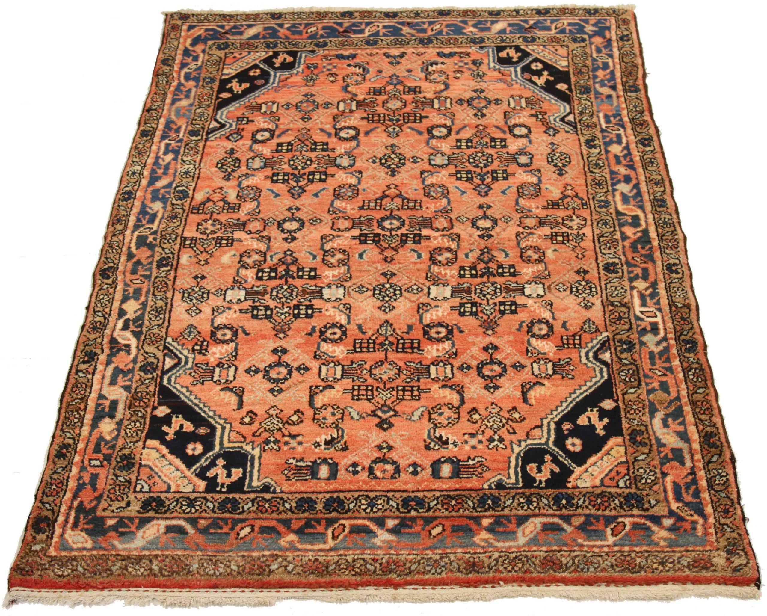 Entdecken Sie die Eleganz des persischen Hamadan mit dem kleinen Teppich von CIRCA 1880. Dieses exklusive Design aus Wolle und ElfenbeinMarineblauRosa ist perfekt, um Ihren Raum zu verschönern.