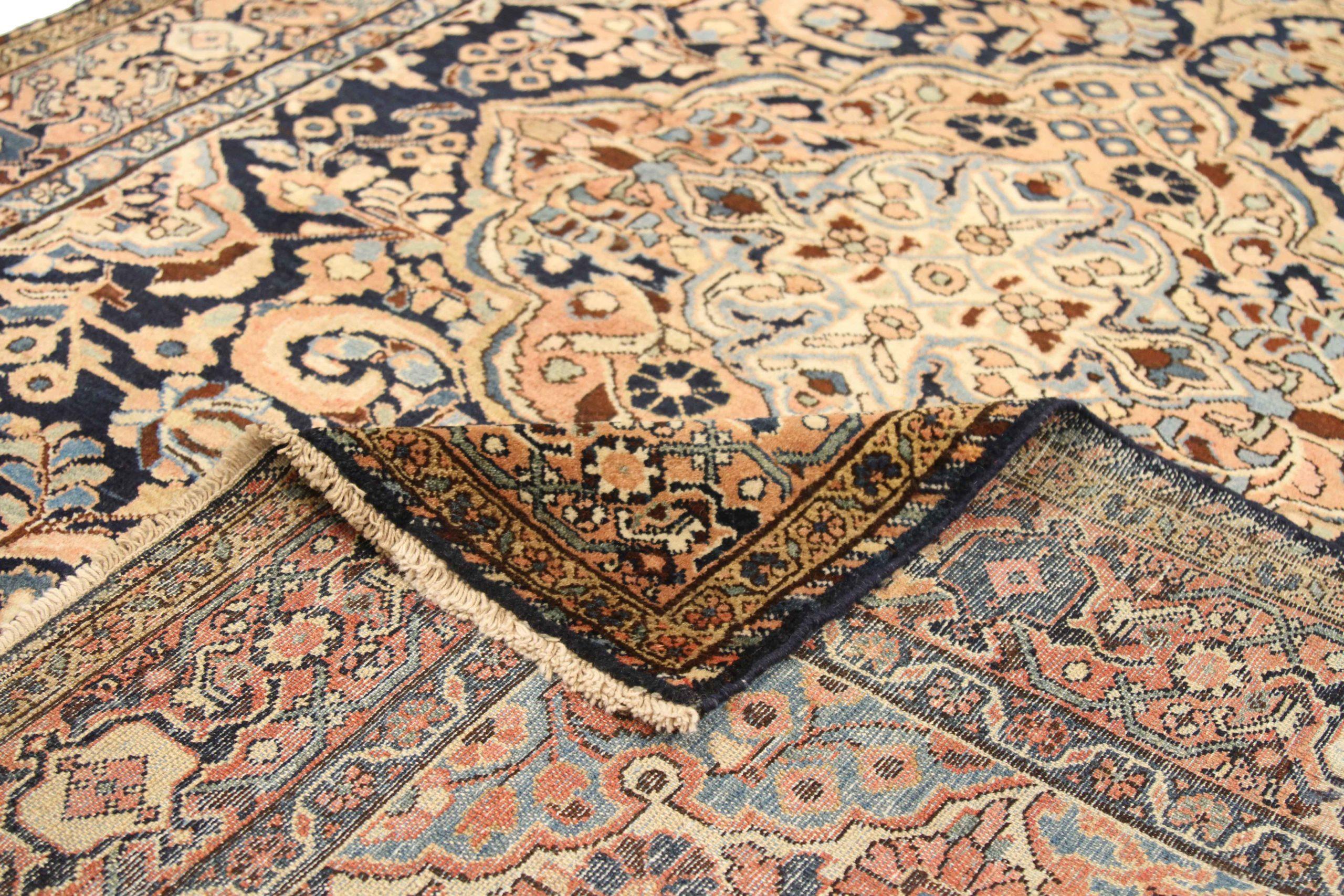 Alfombra Persa Hamadan Small - Lana Marfil Azul Marino Diseño Rosa - 75031 Asiático en venta