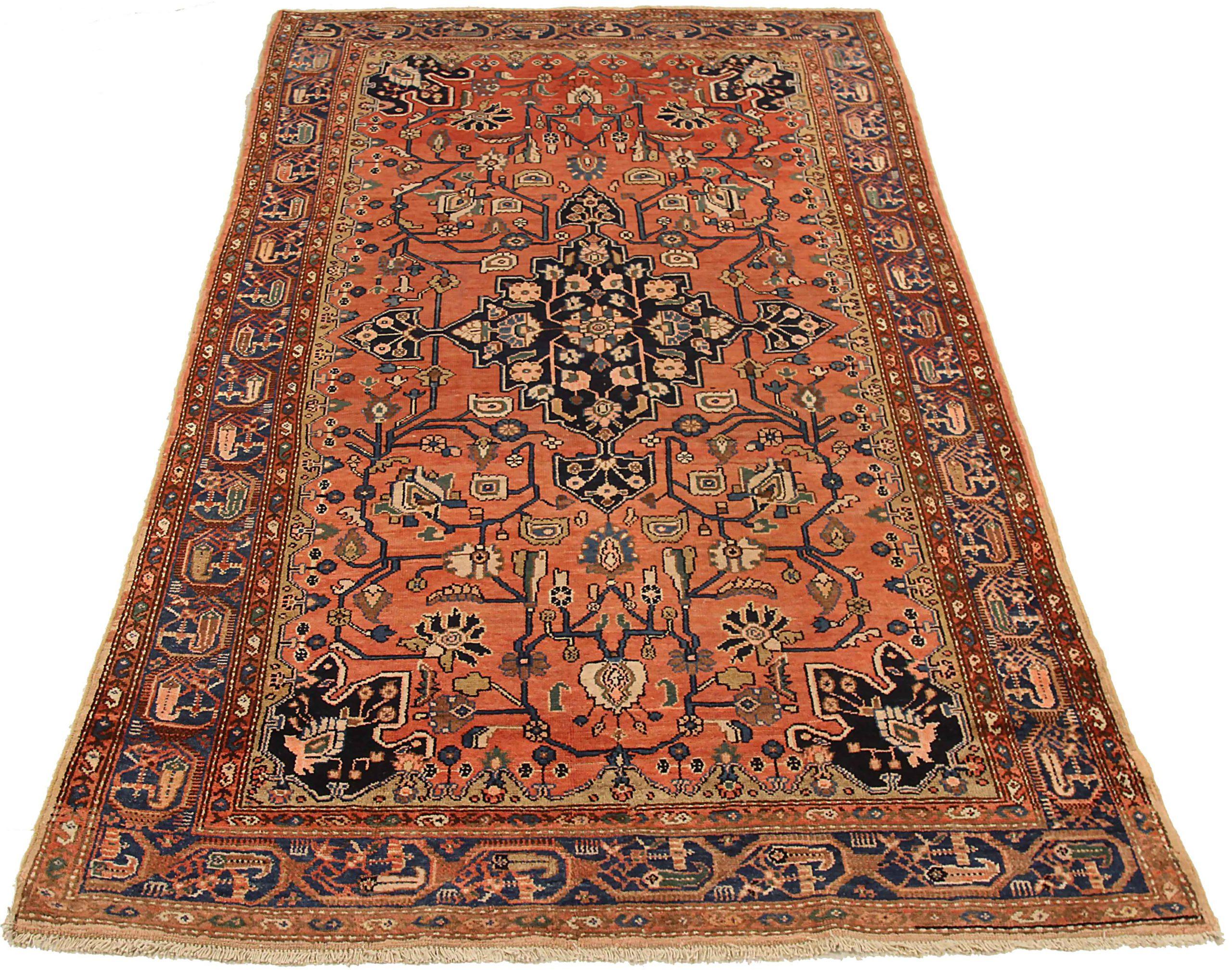 Entdecken Sie die Eleganz des persischen Hamadan mit dem kleinen Teppich von CIRCA 1880. Dieses exklusive Design aus Wolle und MarineblauRotGelb ist perfekt, um Ihren Raum zu verschönern.