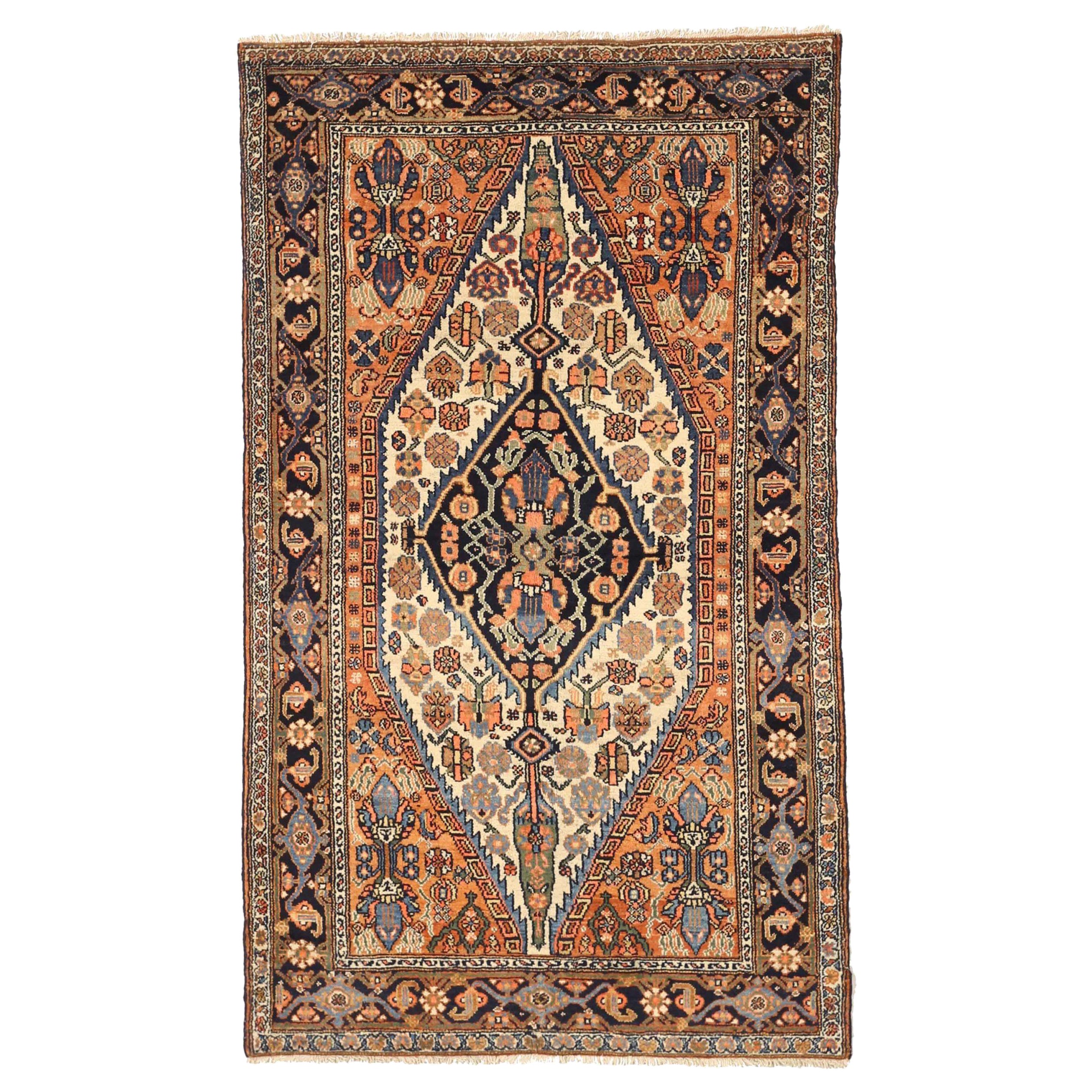 Persischer Hamadan Kleiner Teppich - Wolle Schwarz Elfenbein Orange Design - 75070