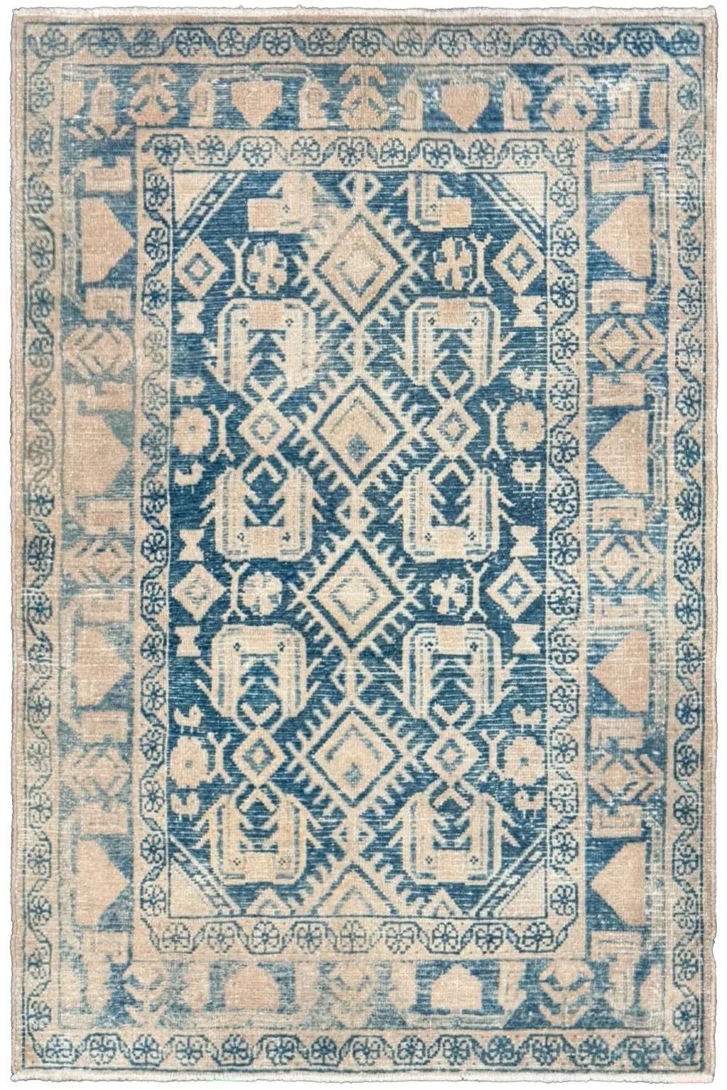 Persian Hamadan Small Rug - Wool Blue Ivory Design - 96723 For Sale 5