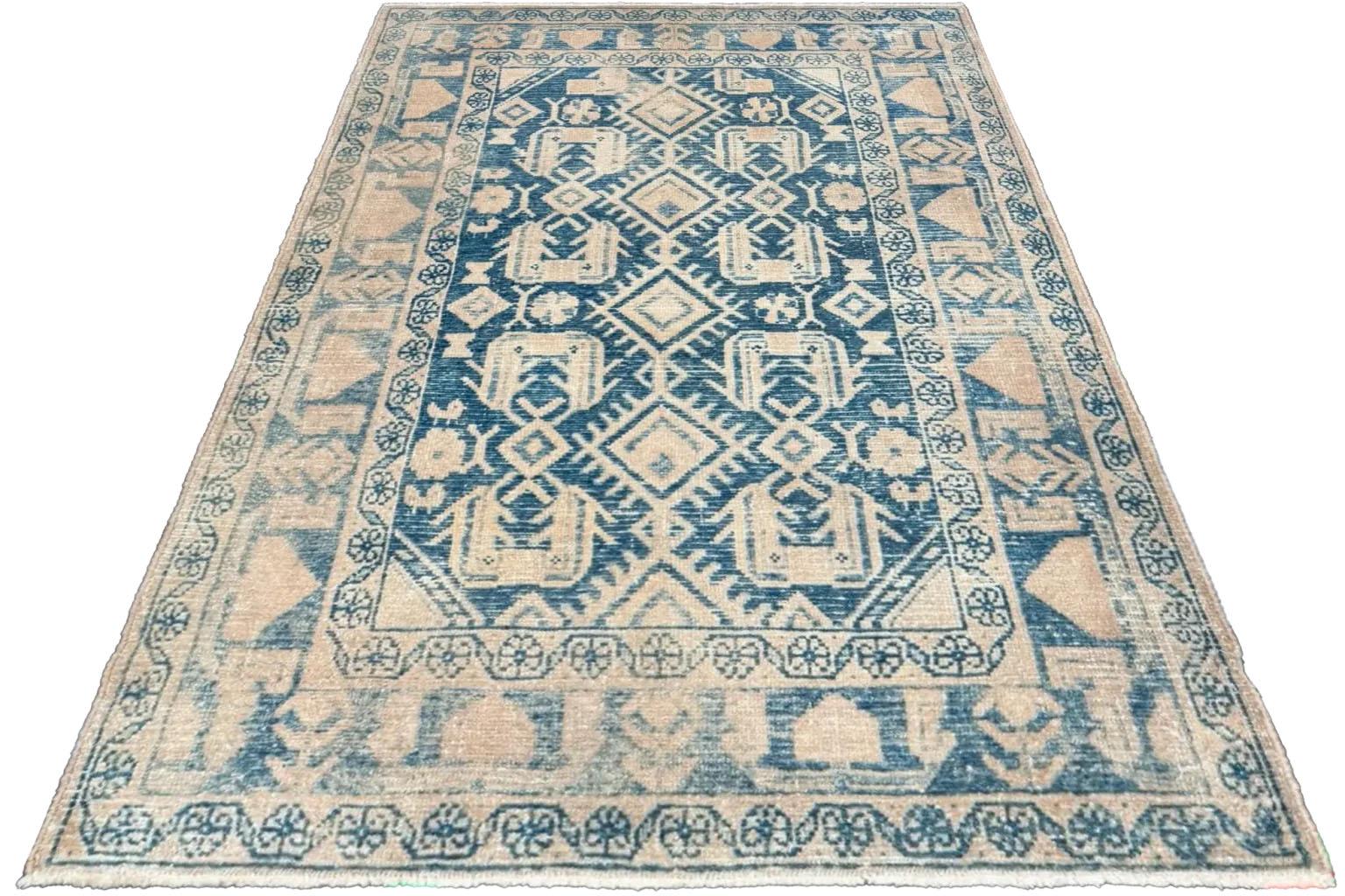 Persian Hamadan Small Rug - Wool Blue Ivory Design - 96723 For Sale 1