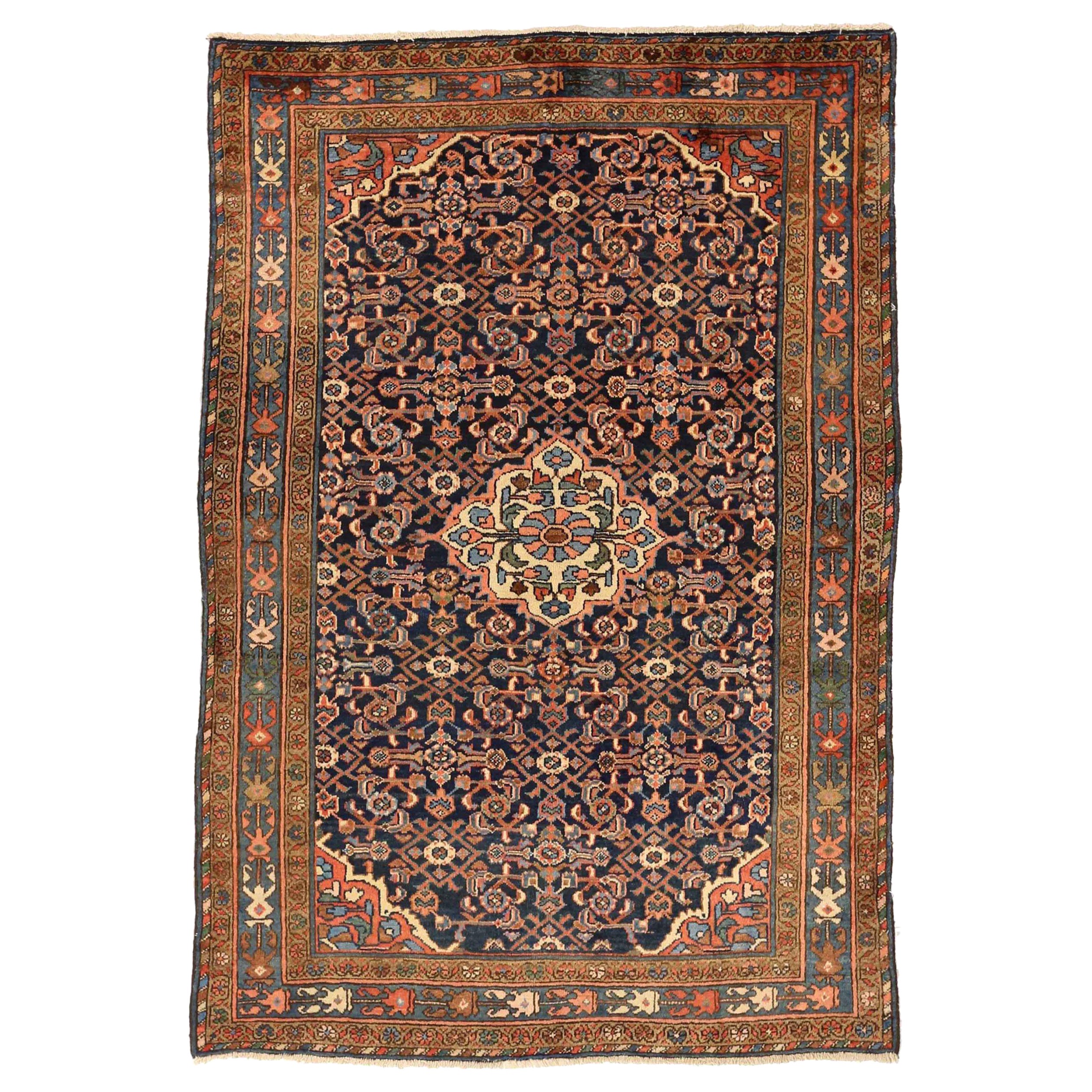 Tappeto persiano Hamadan Small Design - Lana Blu Avorio Blu Navy - 75068