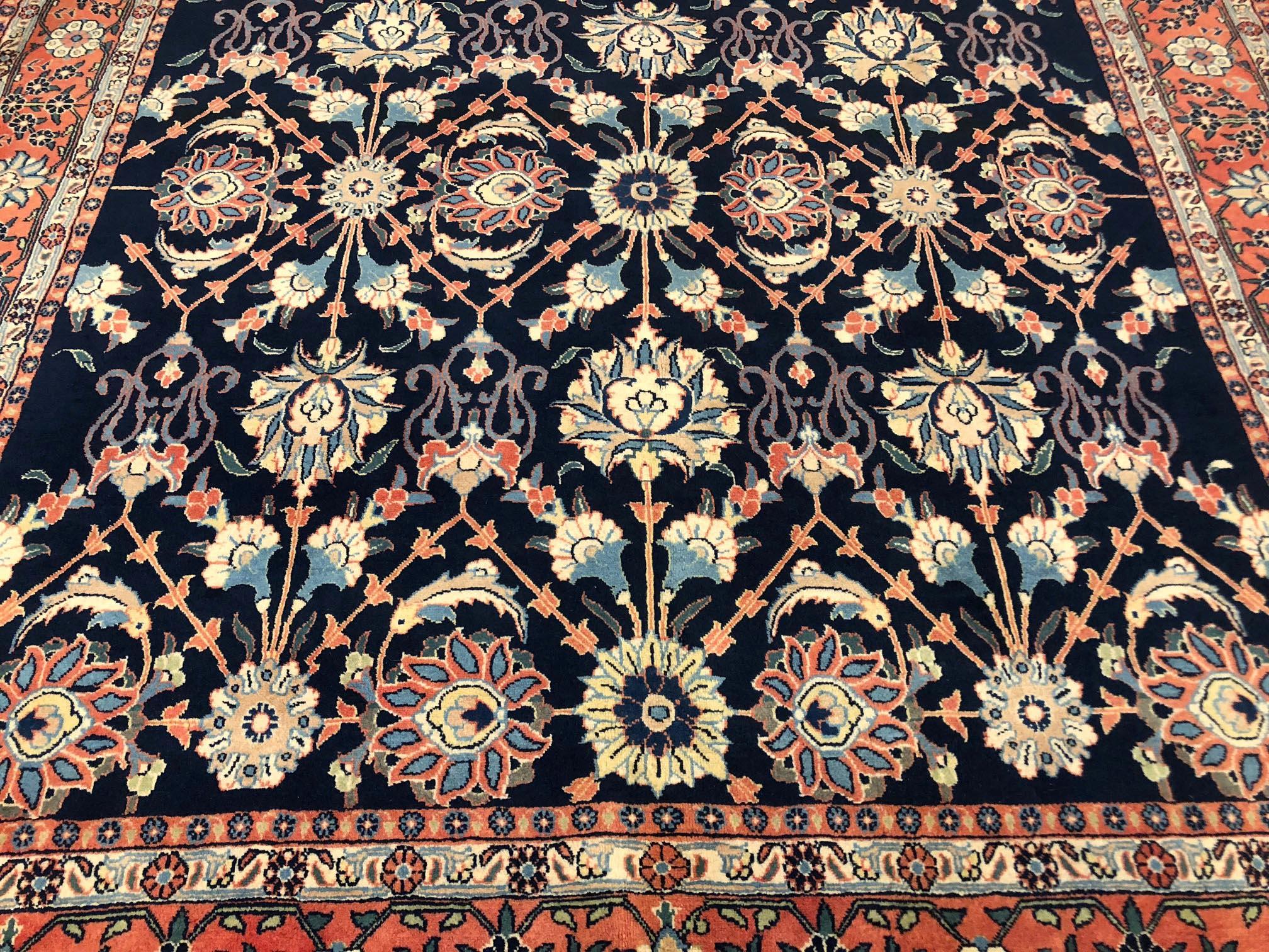 Persian Hand Knotted All over Dark Blue Floral Mahal Rug In Excellent Condition For Sale In San Diego, CA