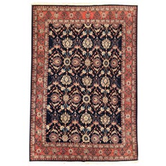 Vintage Persian Hand Knotted All over Dark Blue Floral Mahal Rug