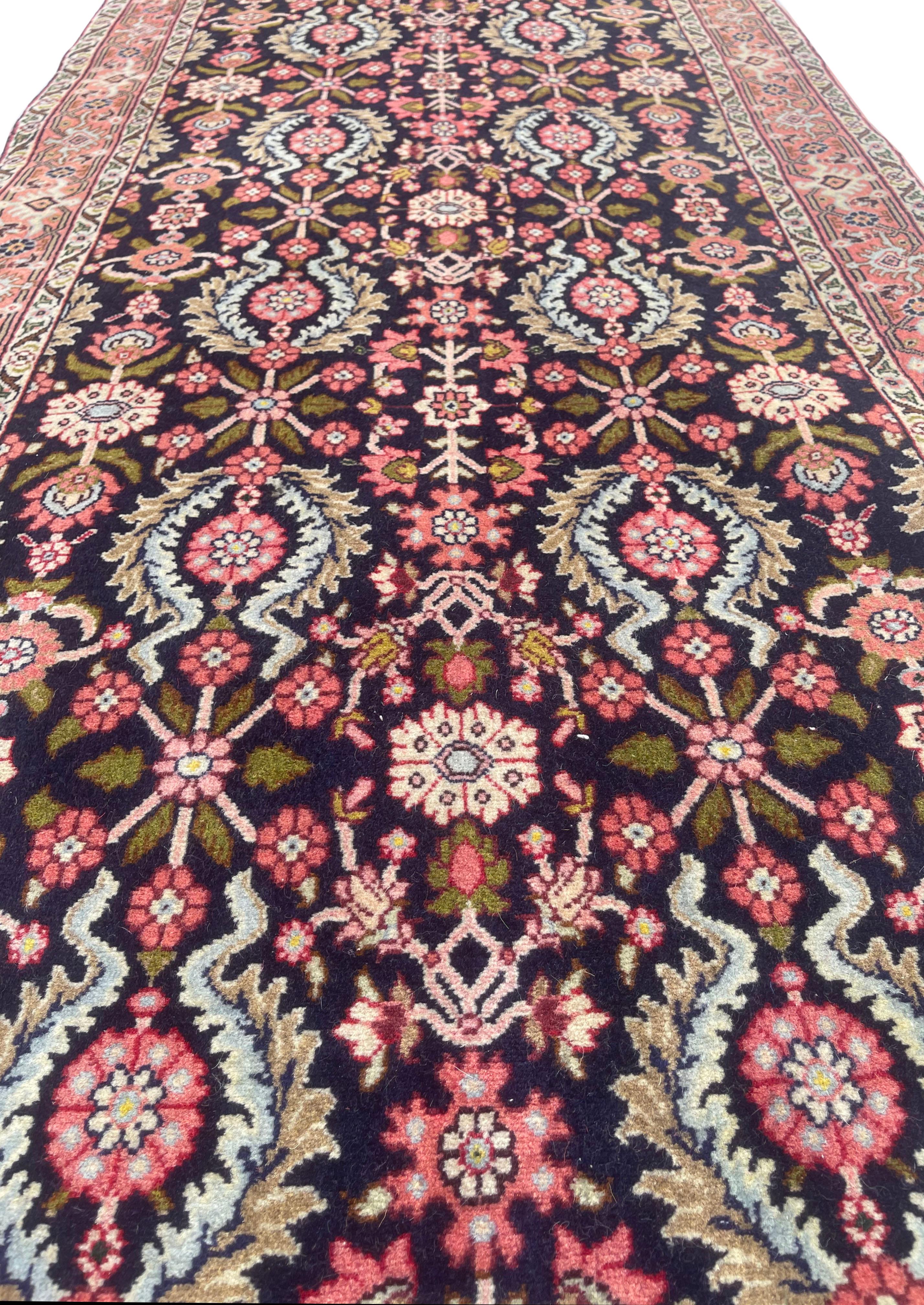 Hand-Knotted Persian Hand Knotted All Over Floral Bijar Runner Rug 1980 Circa For Sale