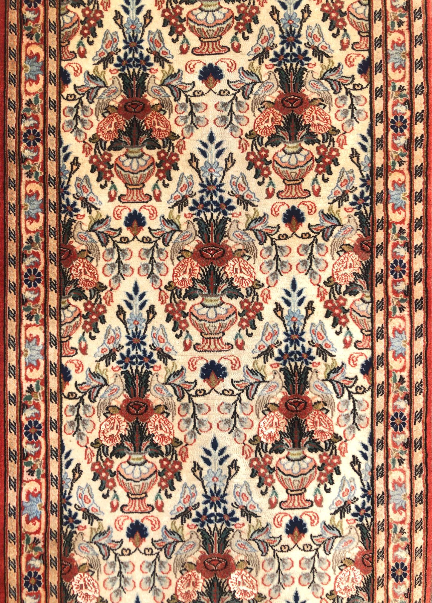Persian Hand Knotted All-Over Floral Bird Butterfly Qum Rug Runner In Good Condition For Sale In San Diego, CA