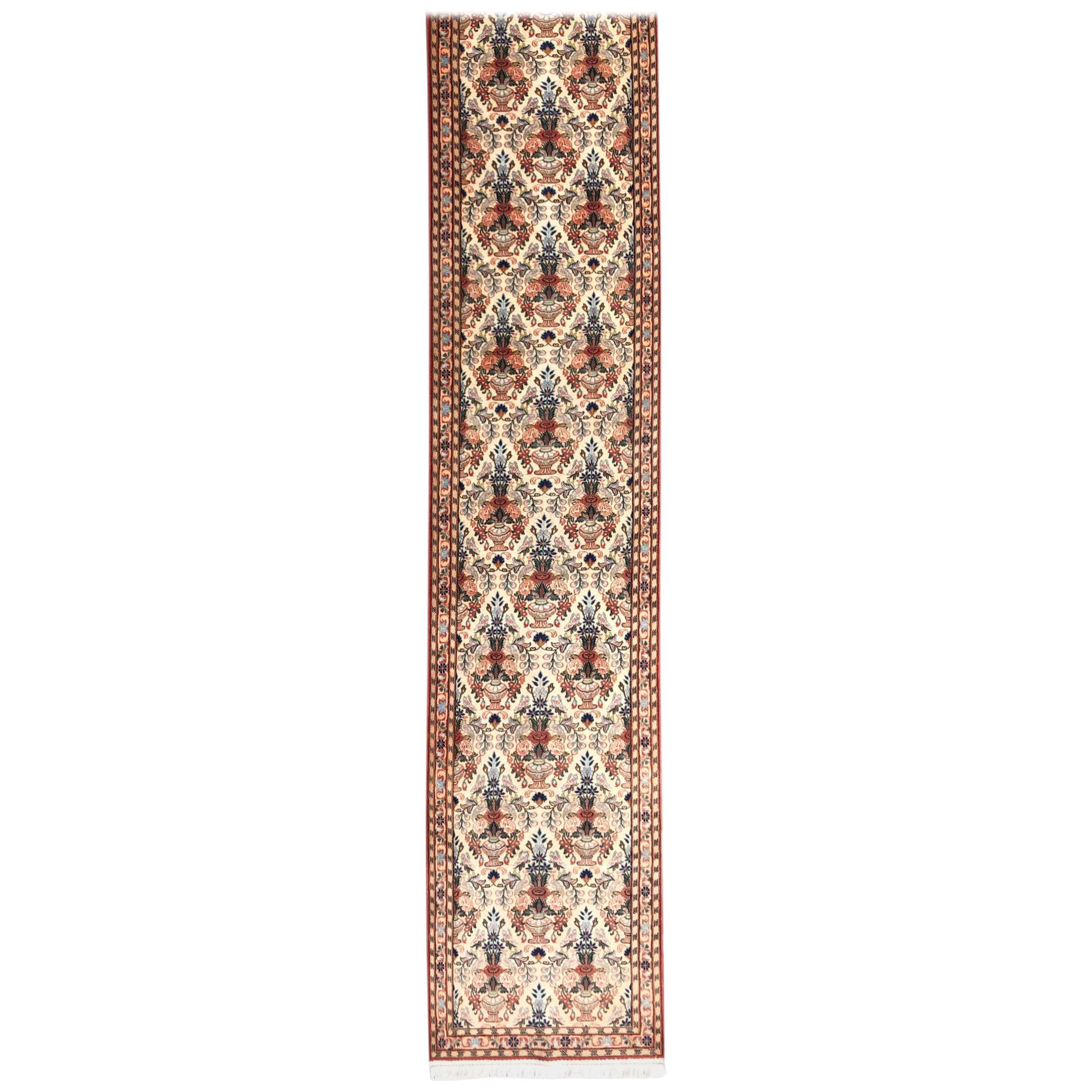 Persian Hand Knotted All-Over Floral Bird Butterfly Qum Rug Runner For Sale