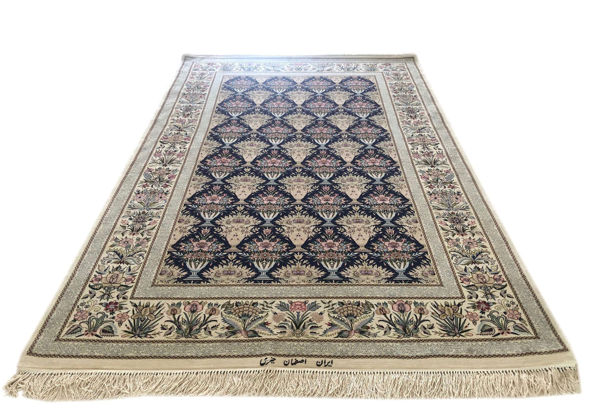 Persian Hand Knotted All over Floral Blue Silk Isfahan Rug For Sale 6