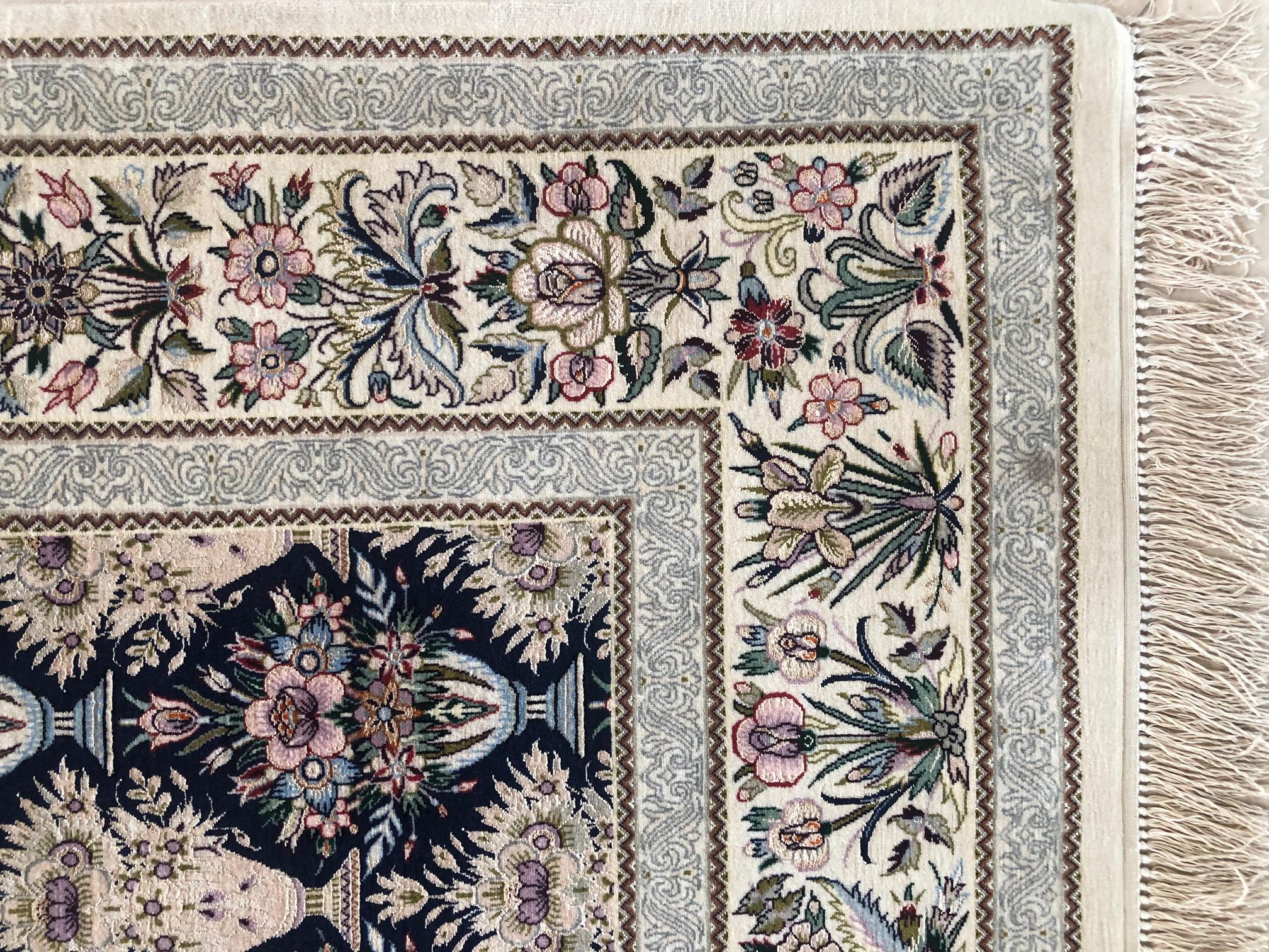 Persian Hand Knotted All over Floral Blue Silk Isfahan Rug For Sale 8