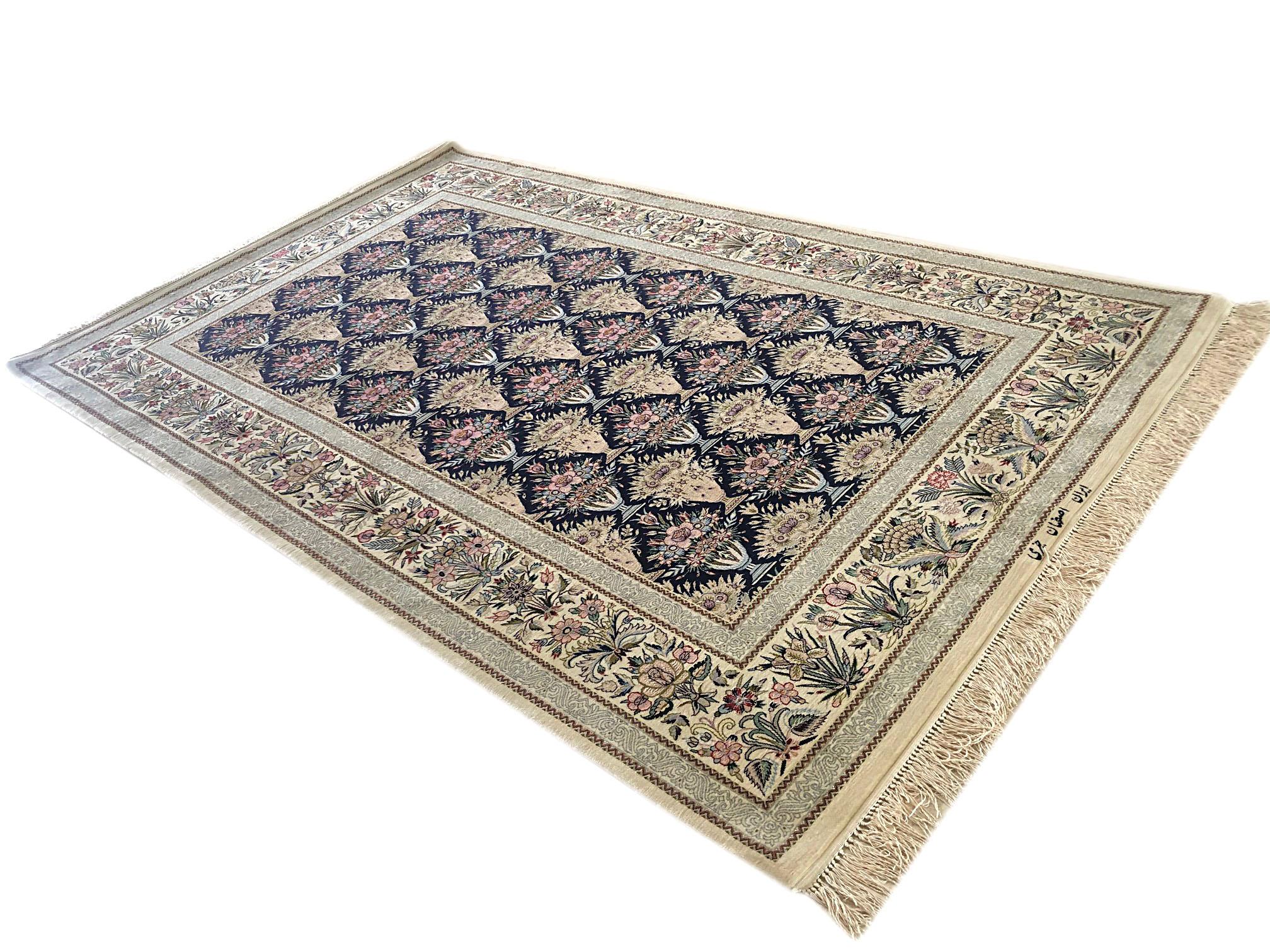 Persian Hand Knotted All over Floral Blue Silk Isfahan Rug For Sale 1