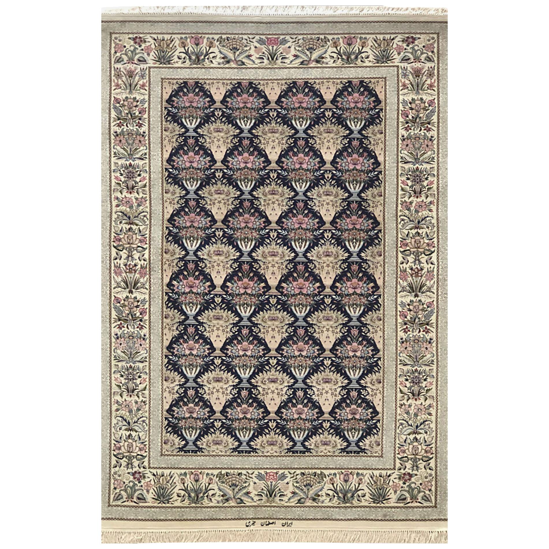 Persian Hand Knotted All over Floral Blue Silk Isfahan Rug For Sale