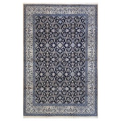 Persian Hand Knotted All-Over Floral Dark Blue Nain Rug