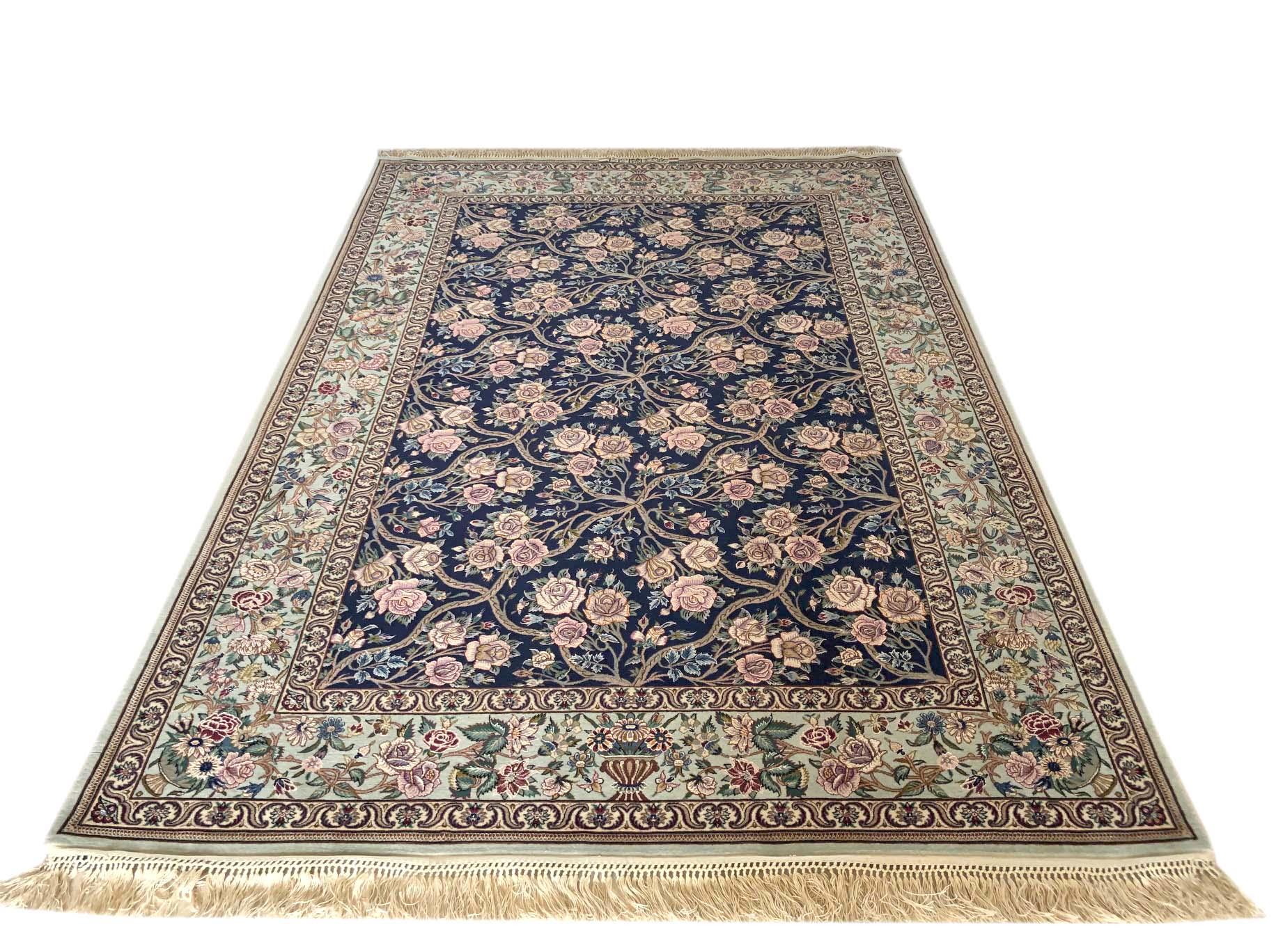 Hand-Knotted Persian Hand Knotted All-Over Floral Dark Blue Silk Isfahan Rug For Sale
