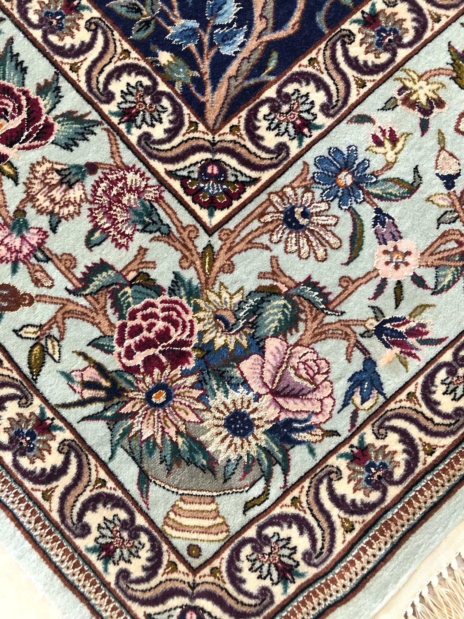 Persian Hand Knotted All-Over Floral Dark Blue Silk Isfahan Rug In New Condition For Sale In San Diego, CA
