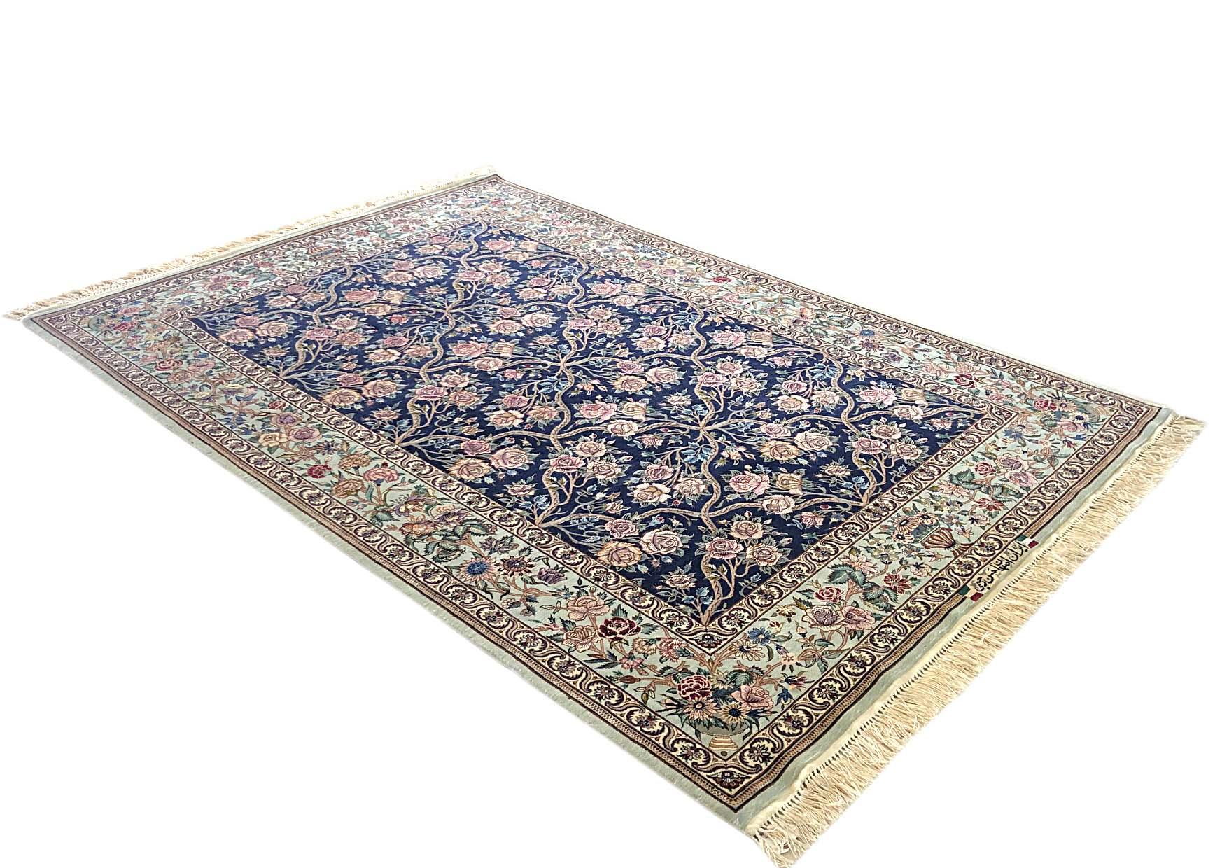 Persian Hand Knotted All-Over Floral Dark Blue Silk Isfahan Rug For Sale 3