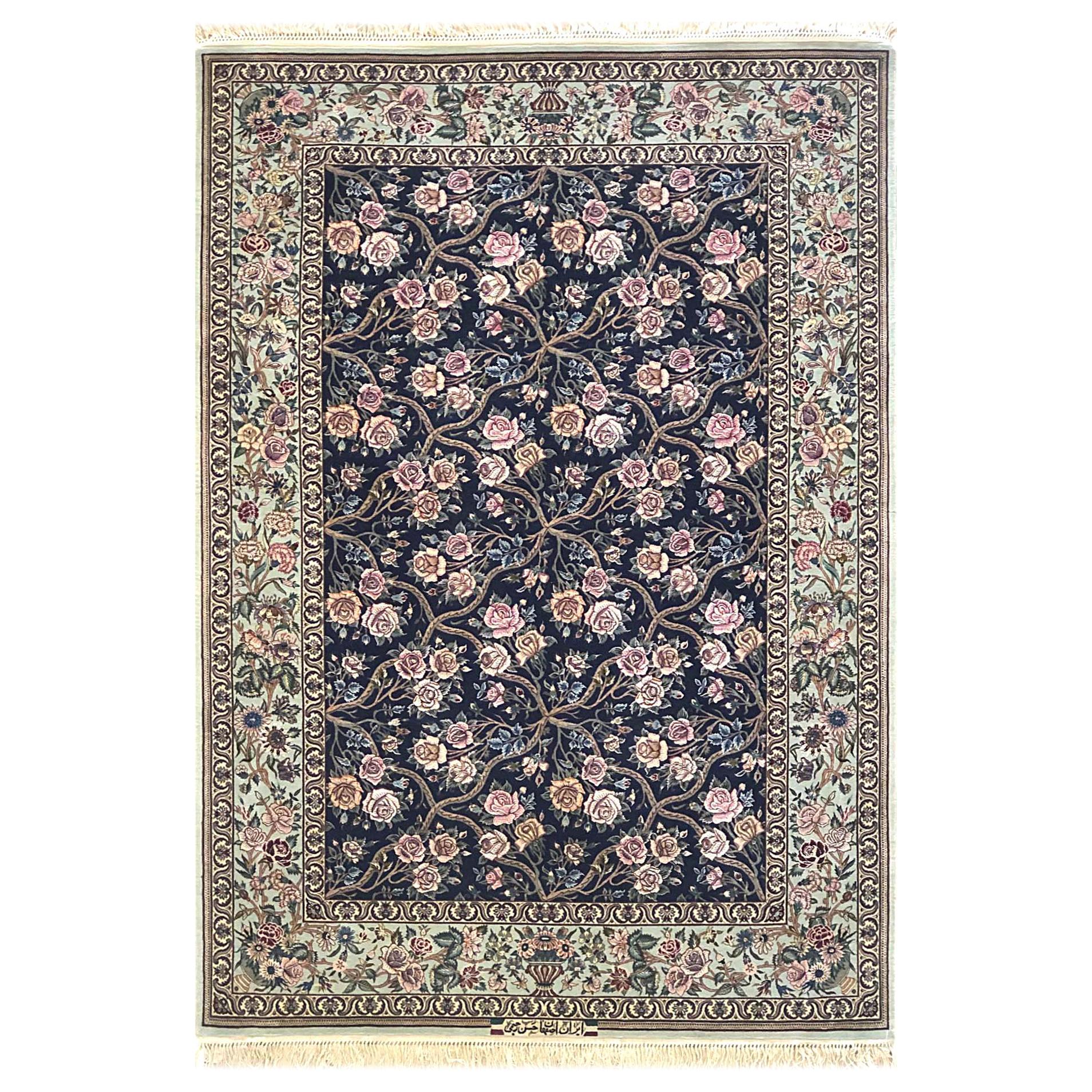 Persian Hand Knotted All-Over Floral Dark Blue Silk Isfahan Rug For Sale